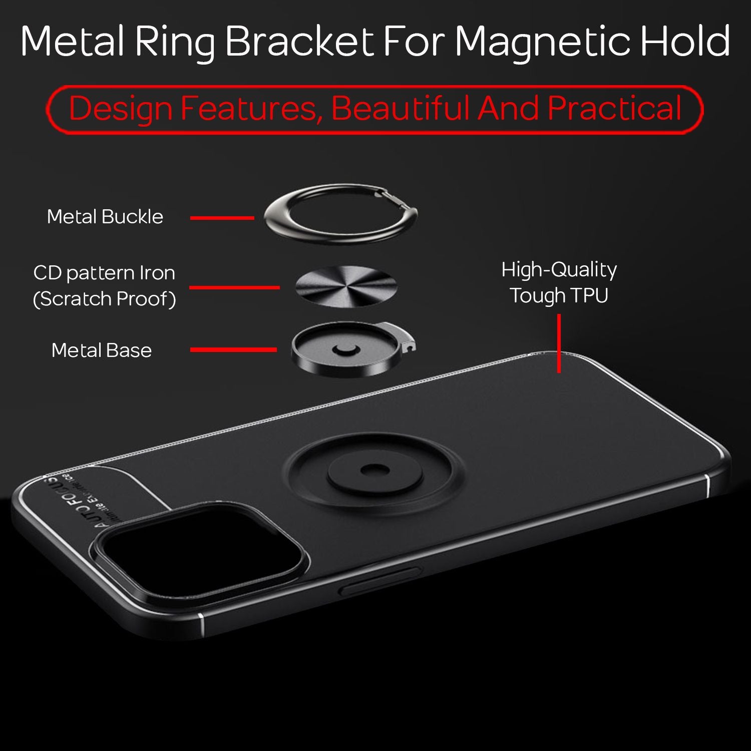 NALIA Schwarze Handy Hülle für iPhone 13 Pro Max, 360° Ring Case Kickstand Cover