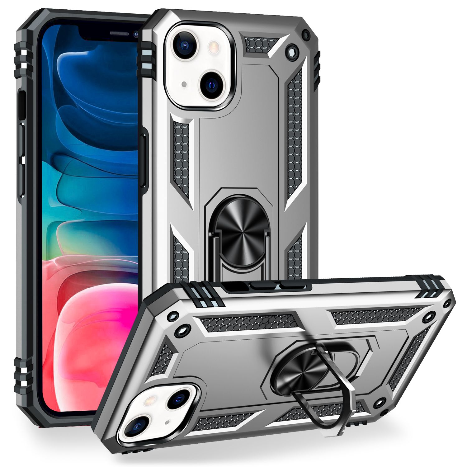 NALIA Ring Hülle für iPhone 13 Mini, Hard Case mit Silikon Bumper Cover Schutz Silber NALIA Protective Hülle