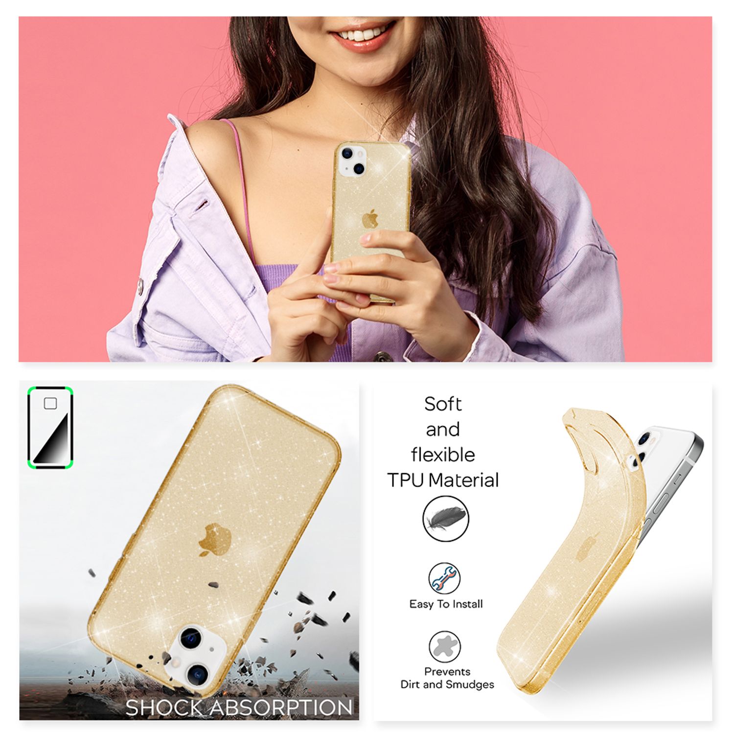 NALIA Glitzer Hülle für iPhone 13 Mini, Transparent Glitter Cover Handy Case