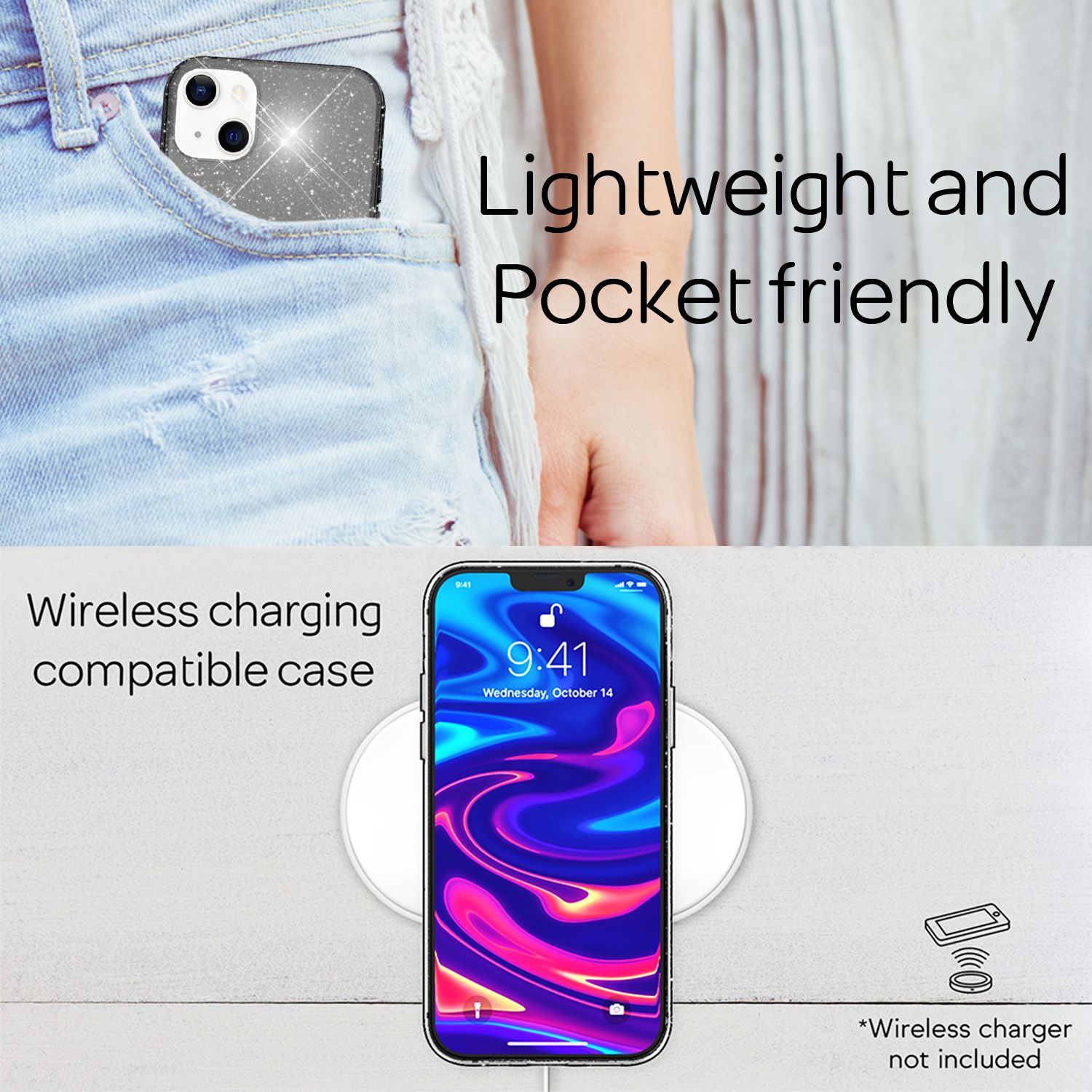 NALIA Glitzer Hülle für iPhone 13, Transparent Glitter Cover Handy Case Bumper