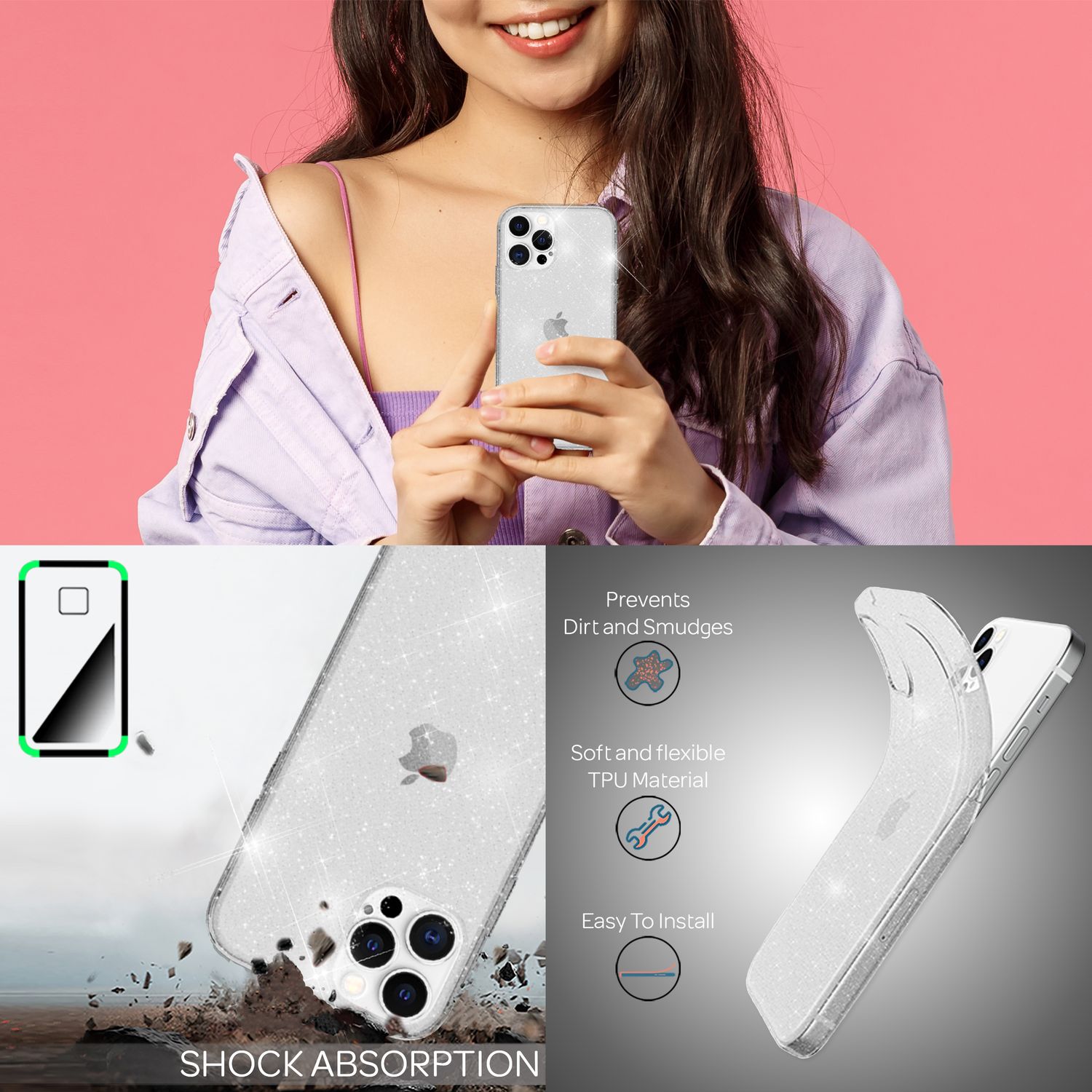 NALIA Glitzer Hülle für iPhone 13 Pro Max, Transparent Glitter Cover Handy Case