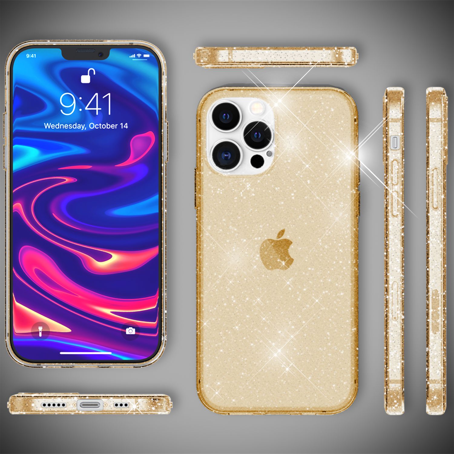 NALIA Glitzer Hülle für iPhone 13 Pro Max, Transparent Glitter Cover Handy Case