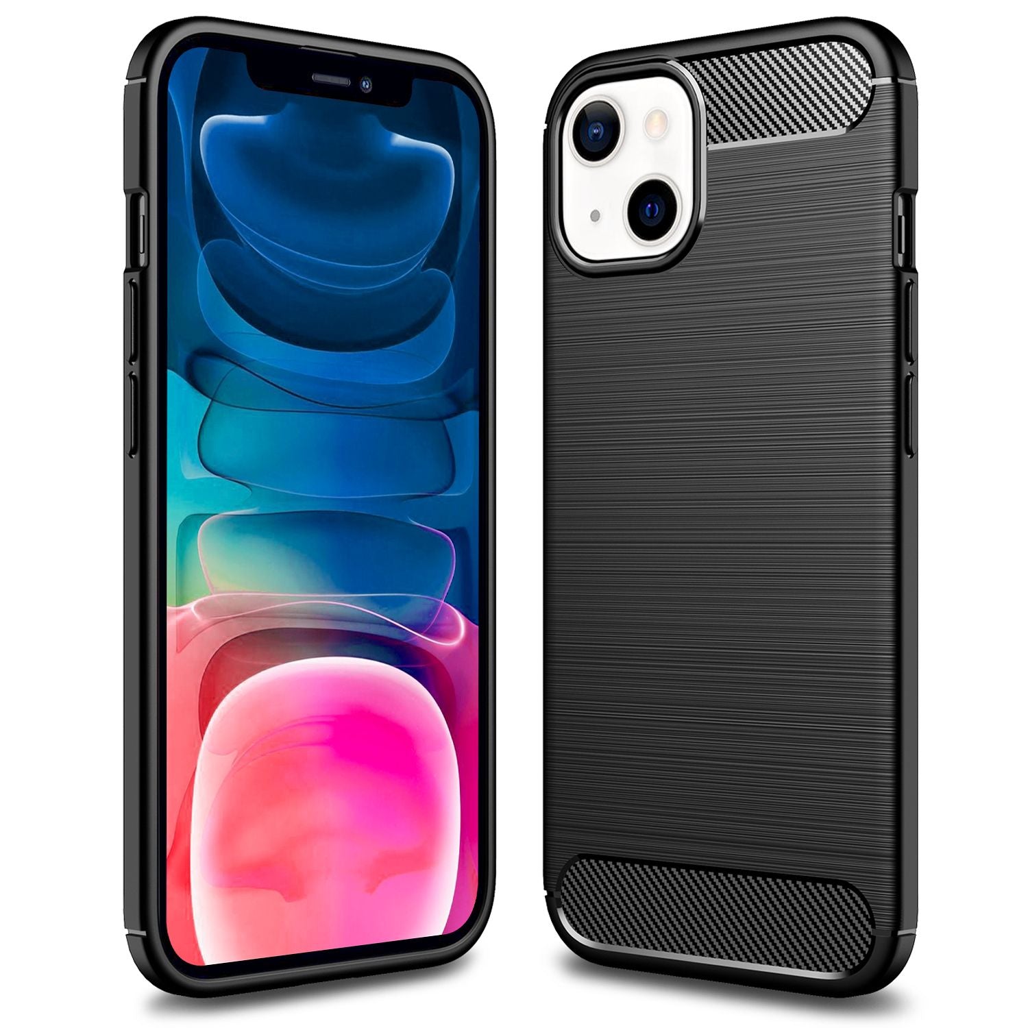 NALIA Carbon Look Case für iPhone 13 Mini, Schwarz Silikon Cover Case TPU Bumper