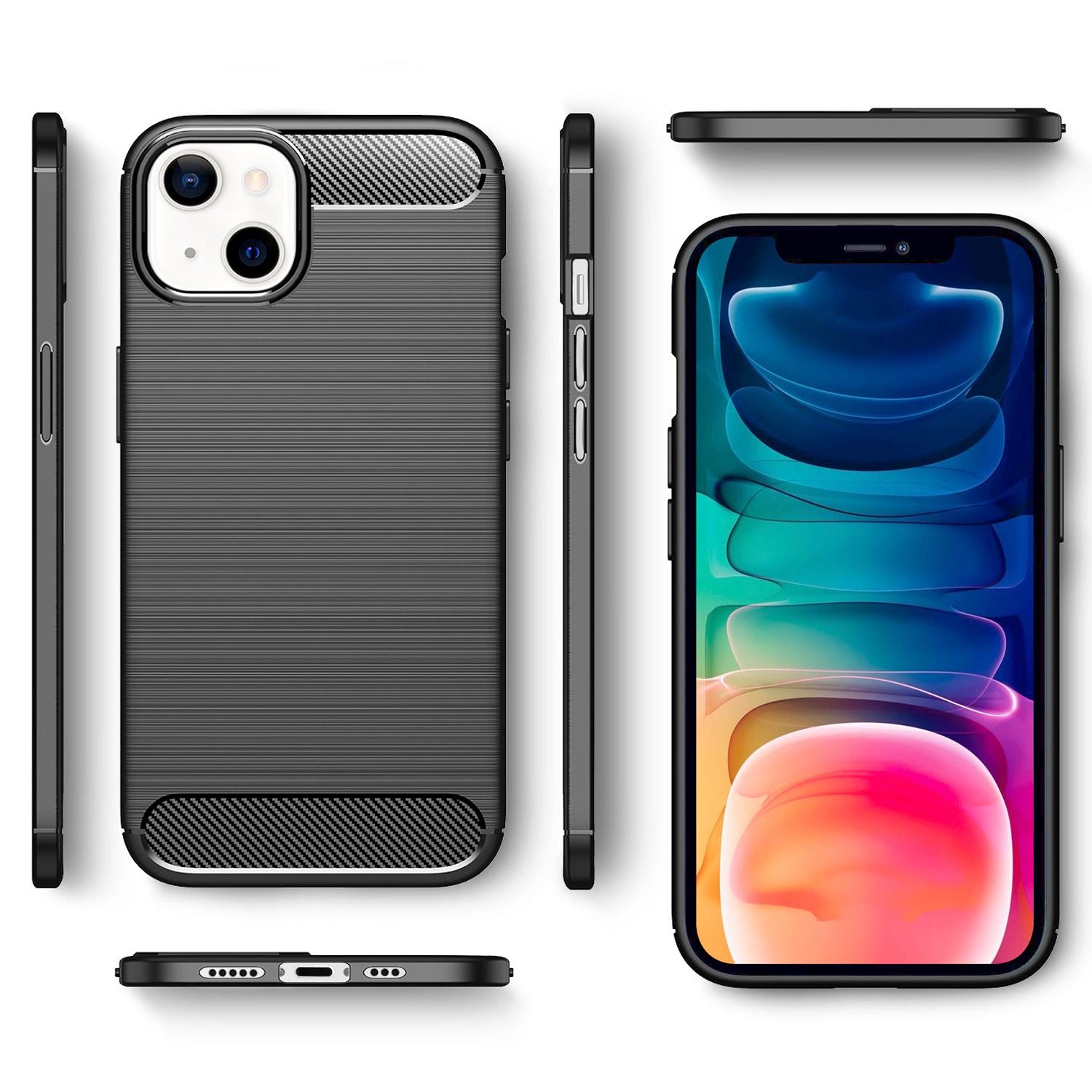 NALIA Carbon Look Case für iPhone 13, Schwarz Silikon Cover Case TPU Bumper Etui