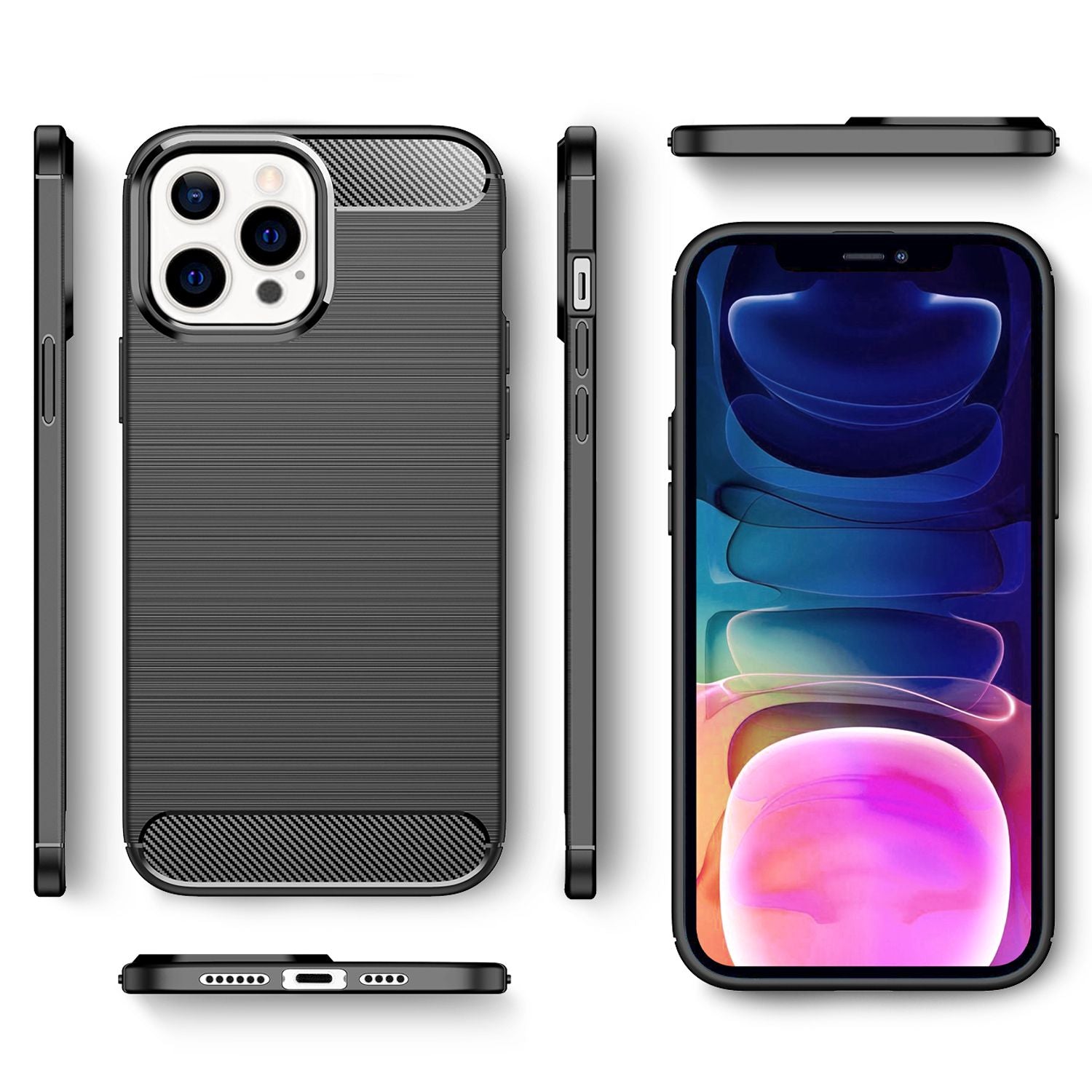 NALIA Carbon Look Case für iPhone 13 Pro Max, Schwarz Silikon Cover Case Bumper