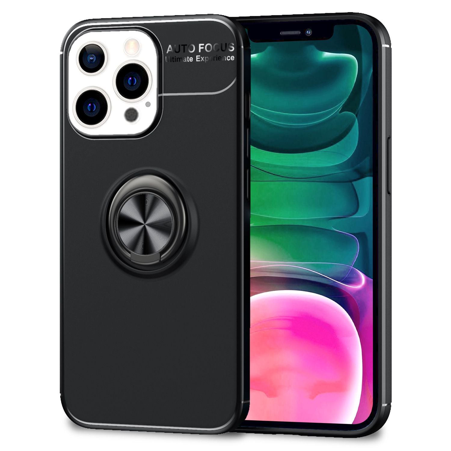 NALIA Schwarze Handy Hülle für iPhone 13 Pro, 360° Ring Case Kickstand Cover