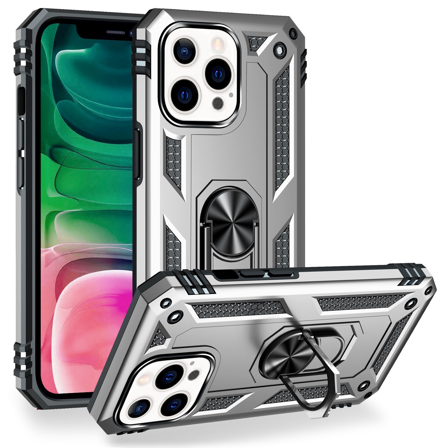 NALIA Ring Hülle für iPhone 13 Pro, Hard Case mit Silikon Bumper Cover Schutz Silber NALIA Protective Hülle