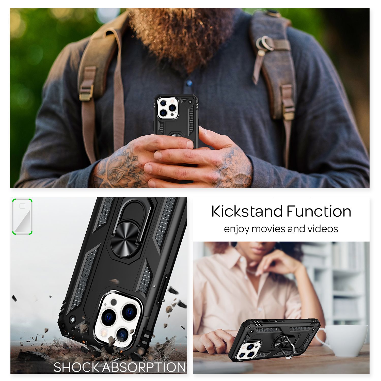 NALIA Ring Hülle für iPhone 13 Pro, Hard Case mit Silikon Bumper Cover Schutz Schwarz NALIA Protective Hülle