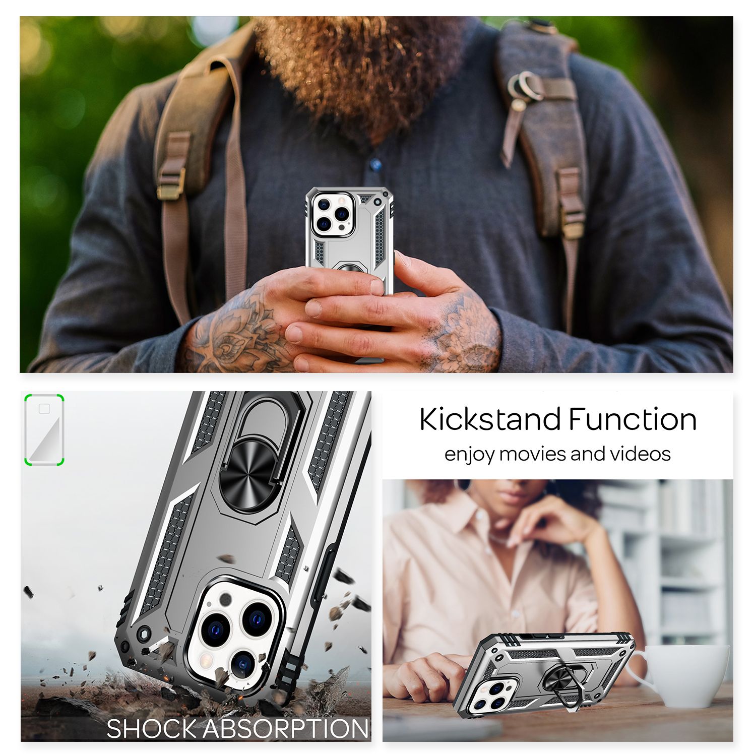 NALIA Ring Hülle für iPhone 13 Pro, Hard Case mit Silikon Bumper Cover Schutz Silber NALIA Protective Hülle