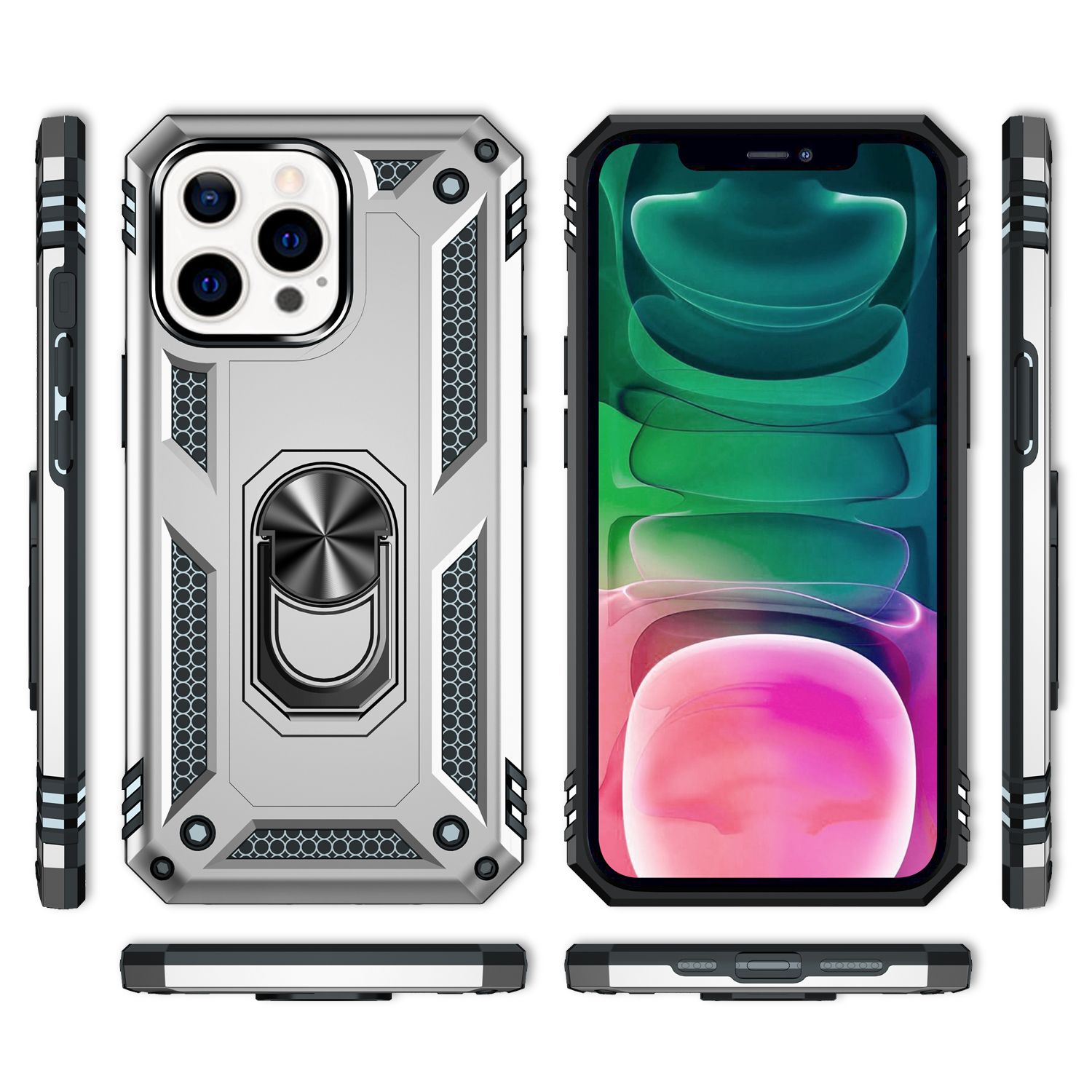 NALIA Ring Hülle für iPhone 13 Pro, Hard Case mit Silikon Bumper Cover Schutz Silber NALIA Protective Hülle