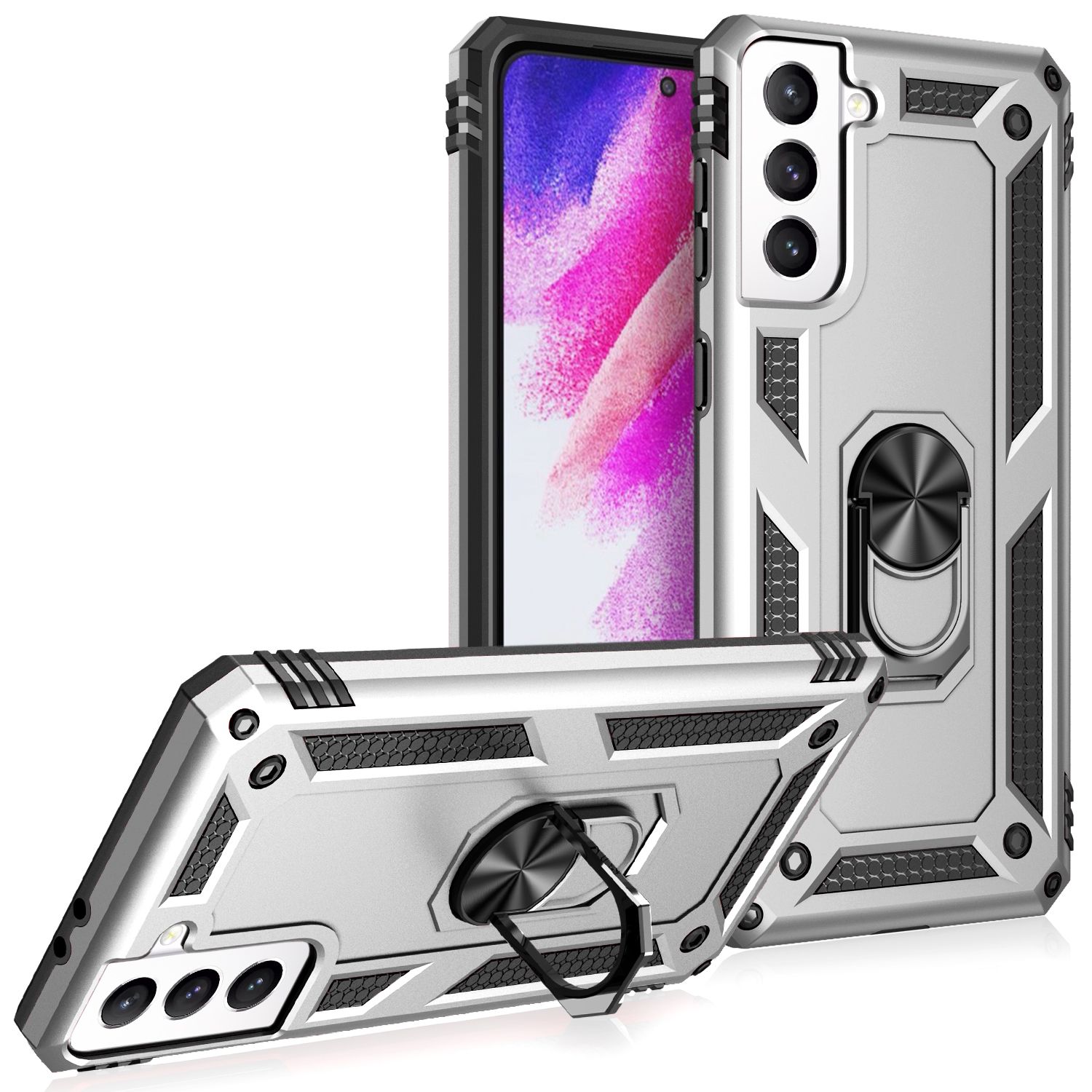 NALIA Outdoor Ring Hülle Samsung Galaxy S21 FE Case 360° stoßfest Silber NALIA Protective Hülle