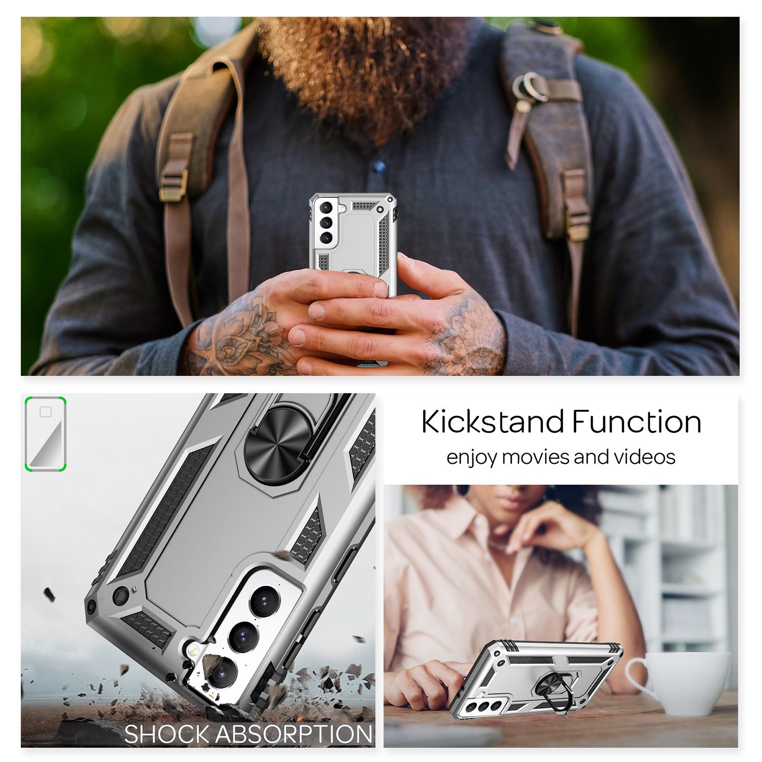 NALIA Outdoor Ring Hülle Samsung Galaxy S21 FE Case 360° stoßfest Silber NALIA Protective Hülle