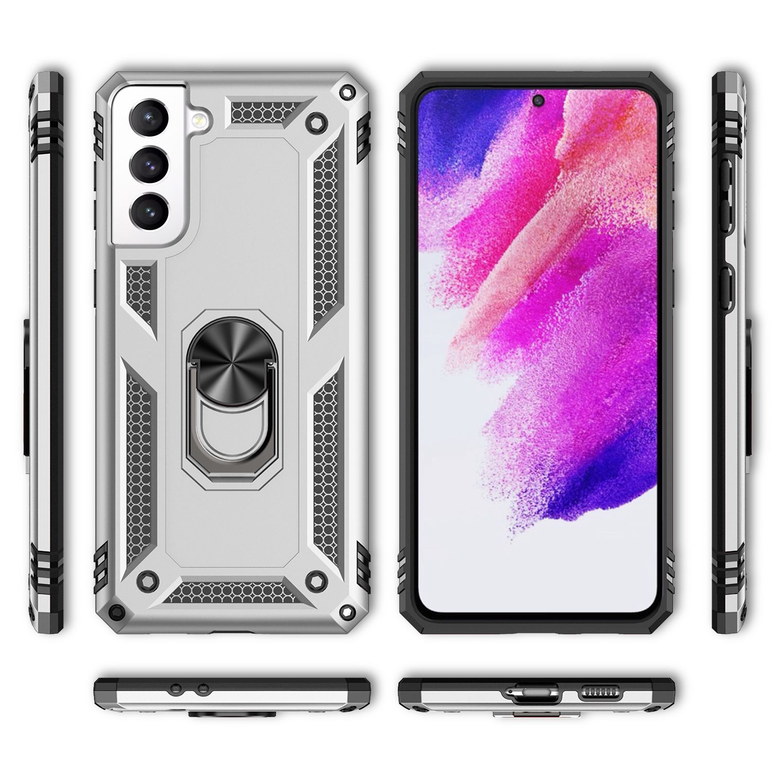 NALIA Outdoor Ring Hülle Samsung Galaxy S21 FE Case 360° stoßfest Silber NALIA Protective Hülle