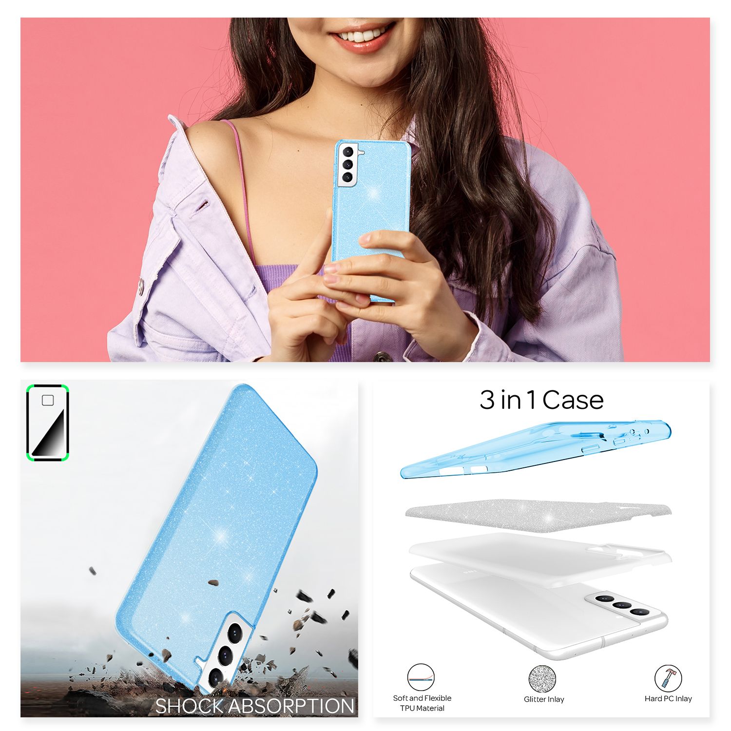 NALIA Glitzer Silikonhülle Samsung Galaxy S21 FE Case funkelnd Bling stoßfest Hellblau NALIA Protective Hülle
