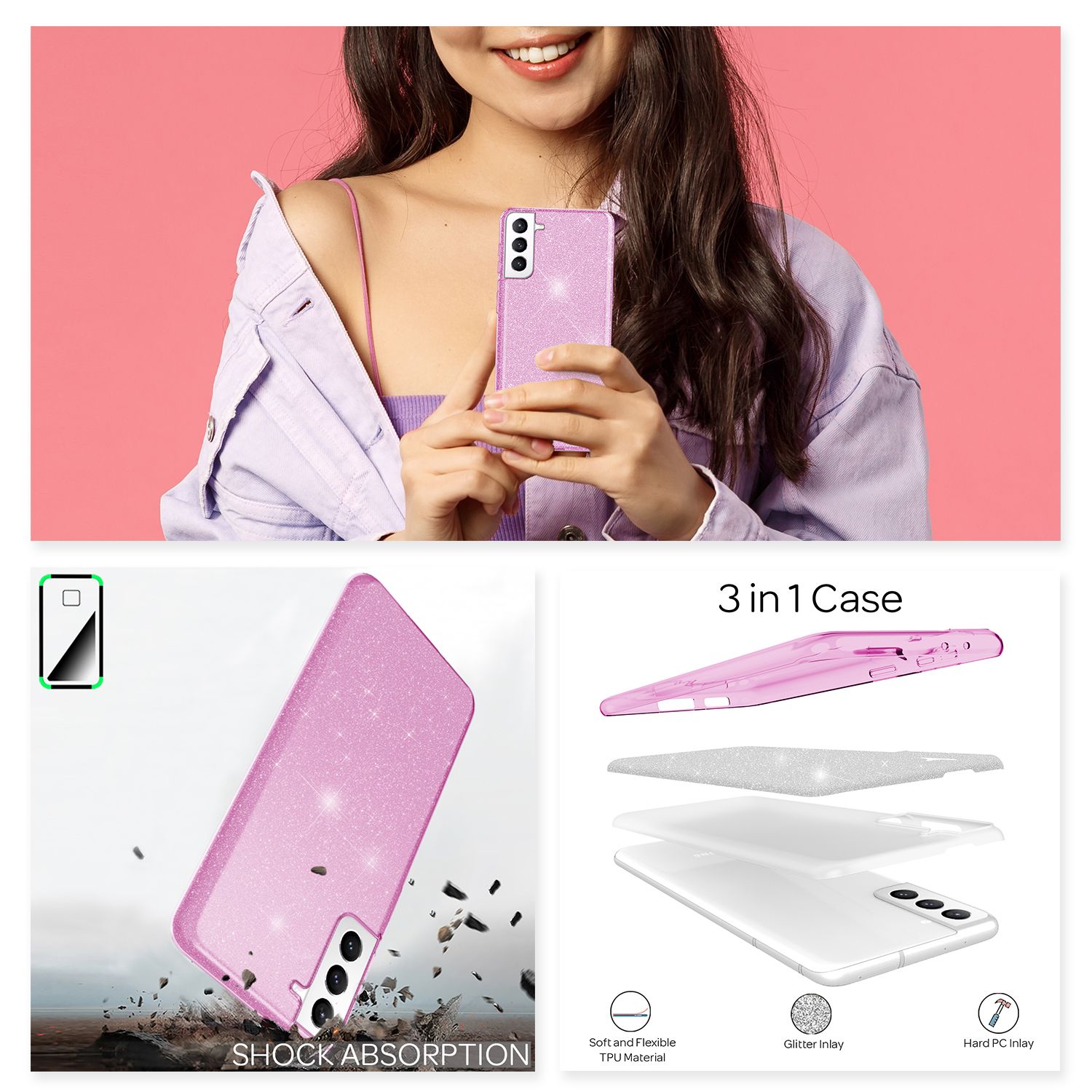 NALIA Glitzer Silikonhülle Samsung Galaxy S21 FE Case funkelnd Bling stoßfest Lila NALIA Protective Hülle
