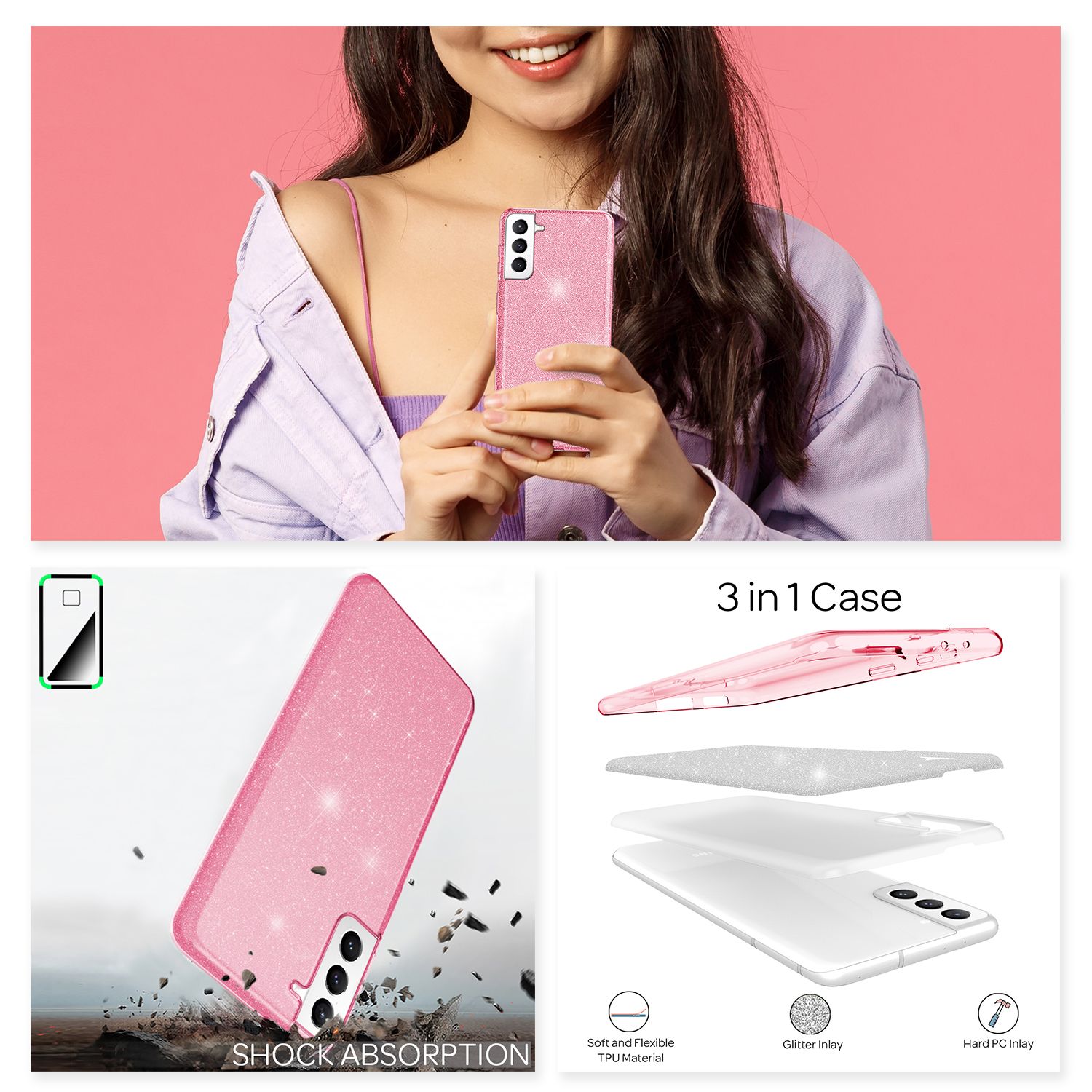 NALIA Glitzer Silikonhülle Samsung Galaxy S21 FE Case funkelnd Bling stoßfest Pink NALIA Protective Hülle