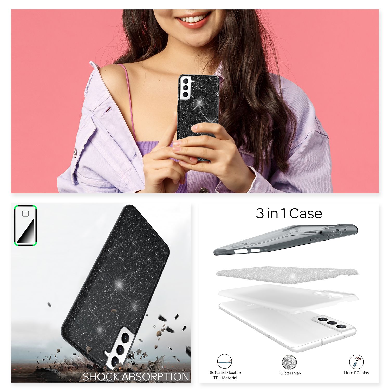 NALIA Glitzer Silikonhülle Samsung Galaxy S21 FE Case funkelnd Bling stoßfest Schwarz NALIA Protective Hülle