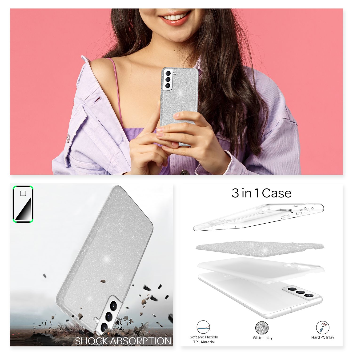 NALIA Glitzer Silikonhülle Samsung Galaxy S21 FE Case funkelnd Bling stoßfest Silber NALIA Protective Hülle