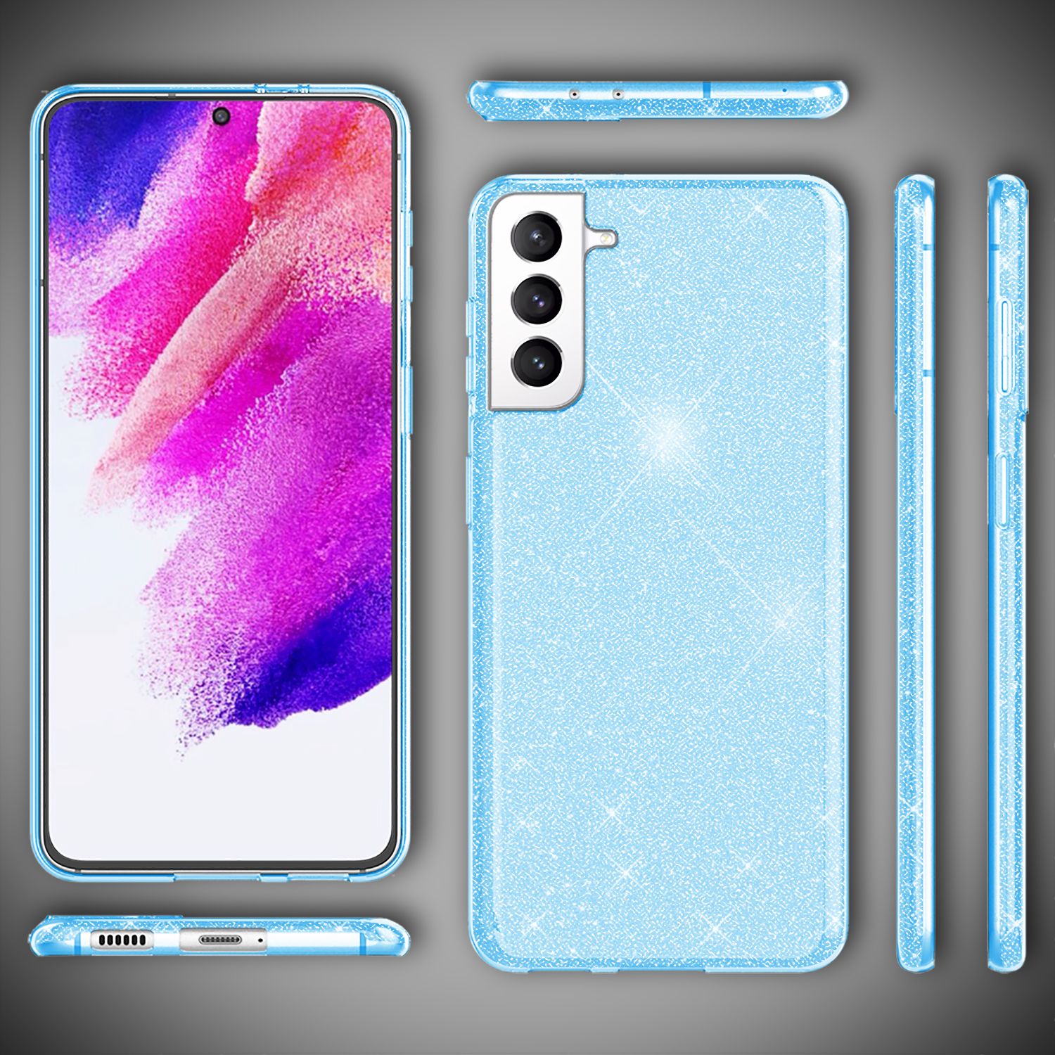 NALIA Glitzer Silikonhülle Samsung Galaxy S21 FE Case funkelnd Bling stoßfest Hellblau NALIA Protective Hülle