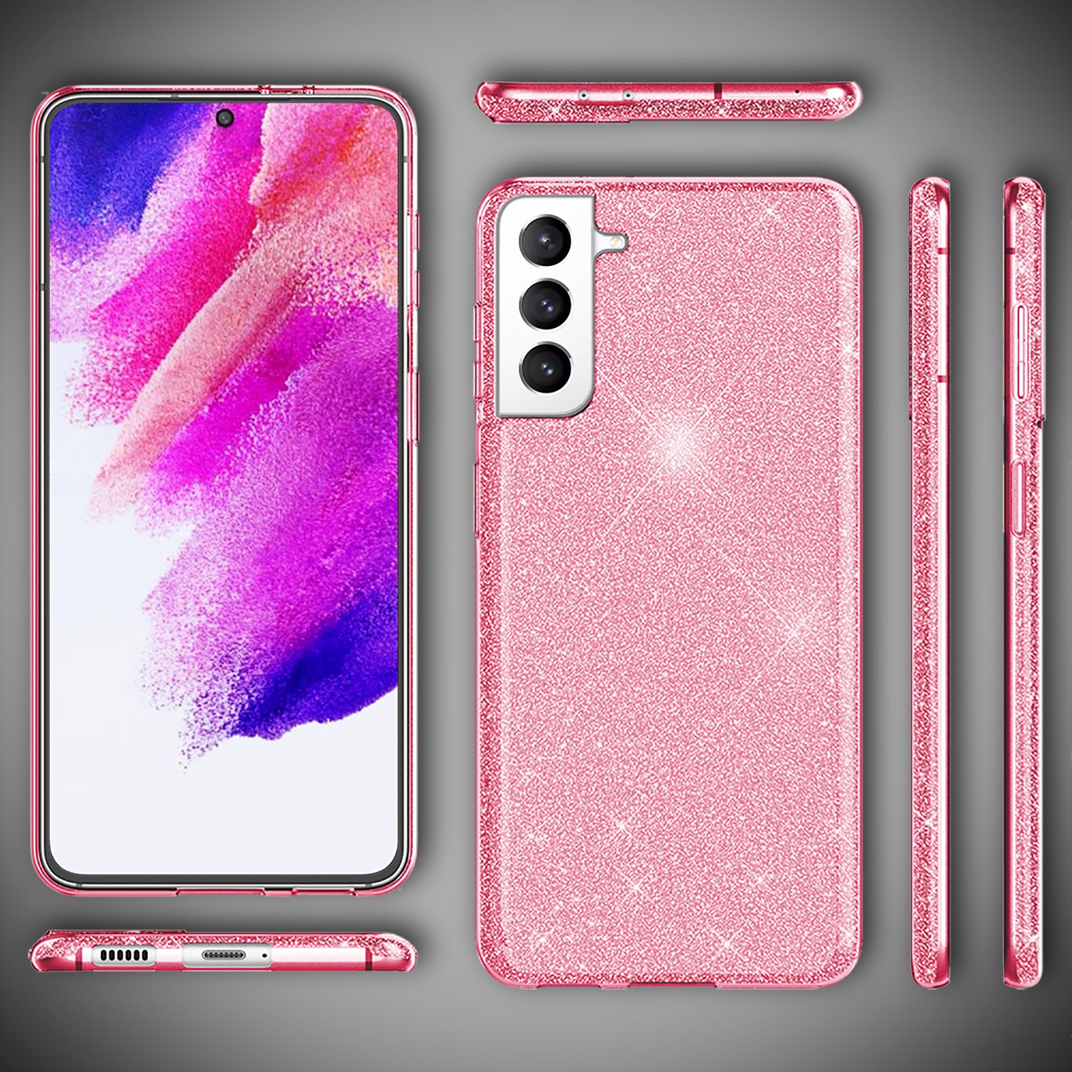 NALIA Glitzer Silikonhülle Samsung Galaxy S21 FE Case funkelnd Bling stoßfest Pink NALIA Protective Hülle