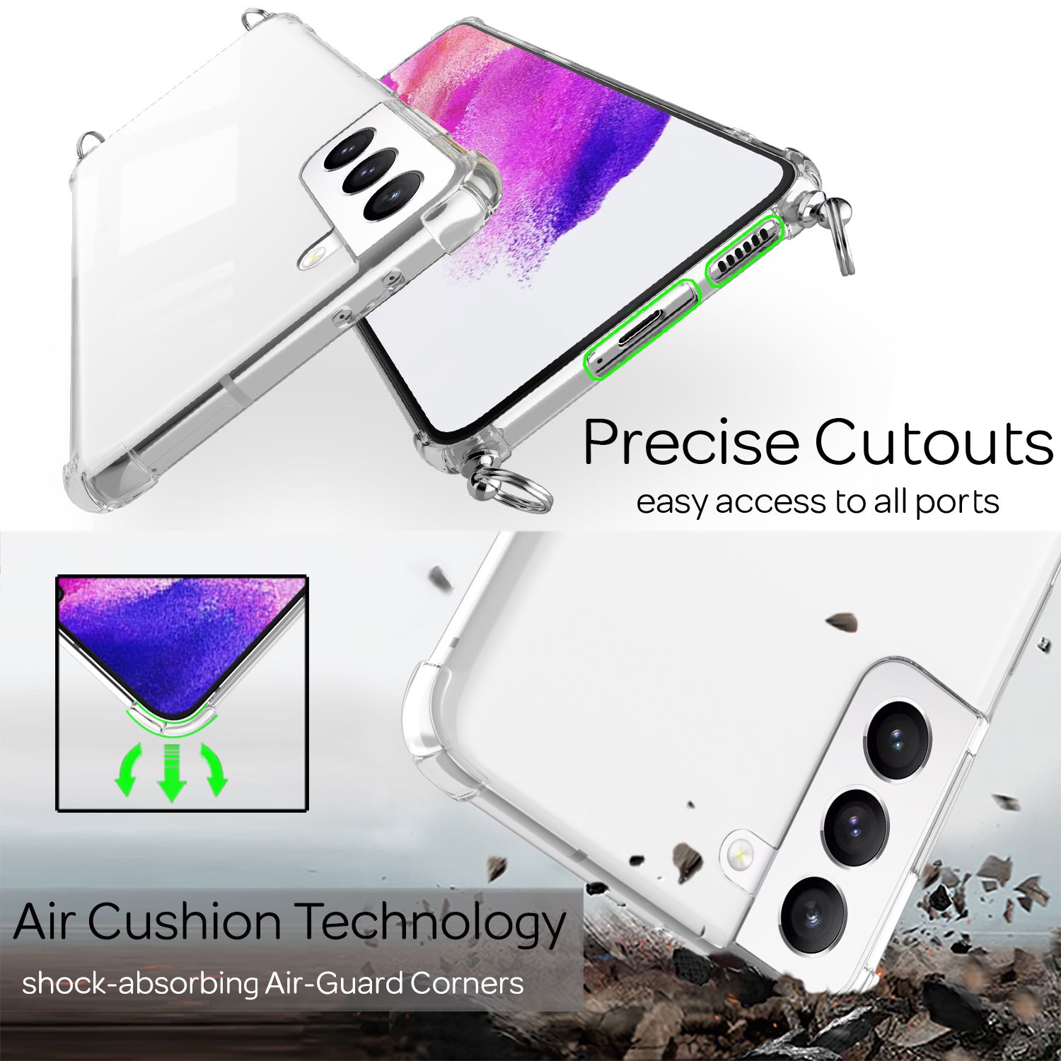 NALIA Handyhülle mit Kette für Samsung Galaxy S21 FE, Transparente Schutzhülle & Handy-Schnur zum Umhängen, Robust Vergilbungsfrei Klar Schwarz Bunt NALIA Transparente Hülle