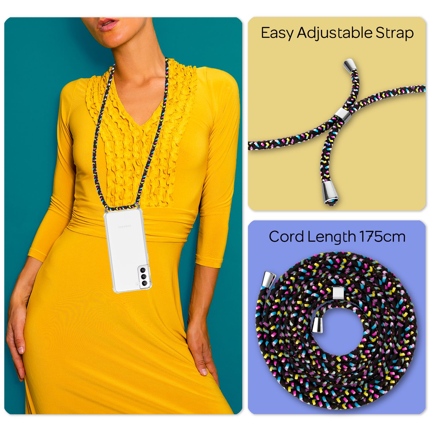 NALIA Handyhülle mit Kette für Samsung Galaxy S21 FE, Transparente Schutzhülle & Handy-Schnur zum Umhängen, Robust Vergilbungsfrei Klar Schwarz Bunt NALIA Transparente Hülle