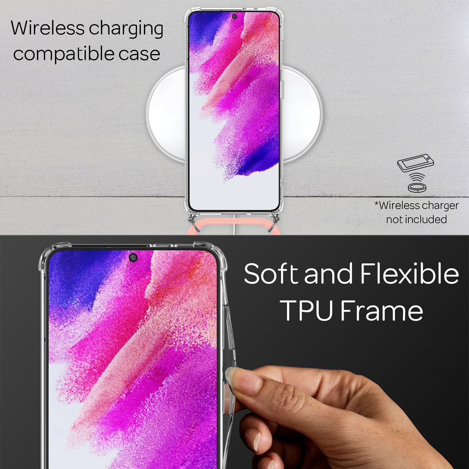 NALIA Handyhülle mit Kette für Samsung Galaxy S21 FE, Transparente Schutzhülle & Handy-Schnur zum Umhängen, Robust Vergilbungsfrei Klar Pink NALIA Transparente Hülle