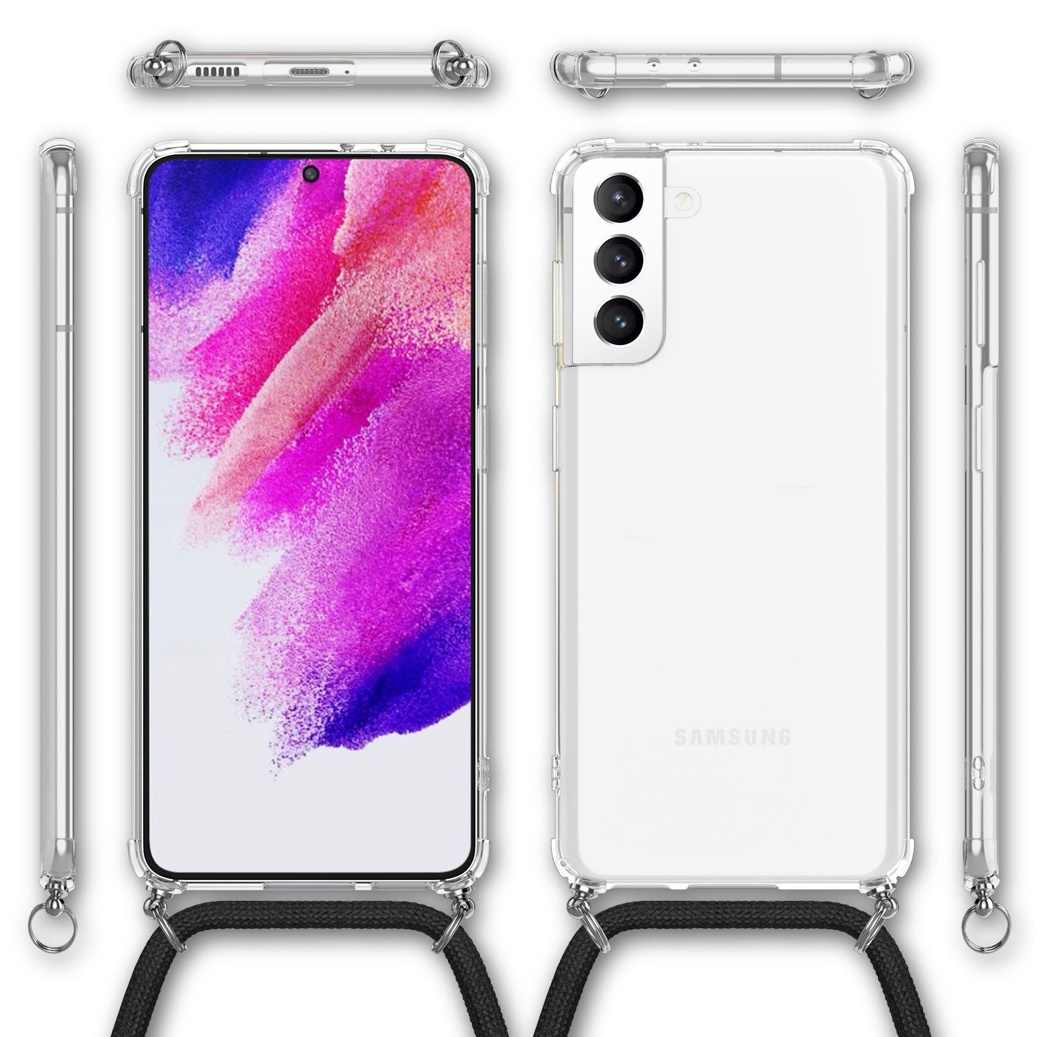 NALIA Handyhülle mit Kette für Samsung Galaxy S21 FE, Transparente Schutzhülle & Handy-Schnur zum Umhängen, Robust Vergilbungsfrei Klar Schwarz NALIA Transparente Hülle