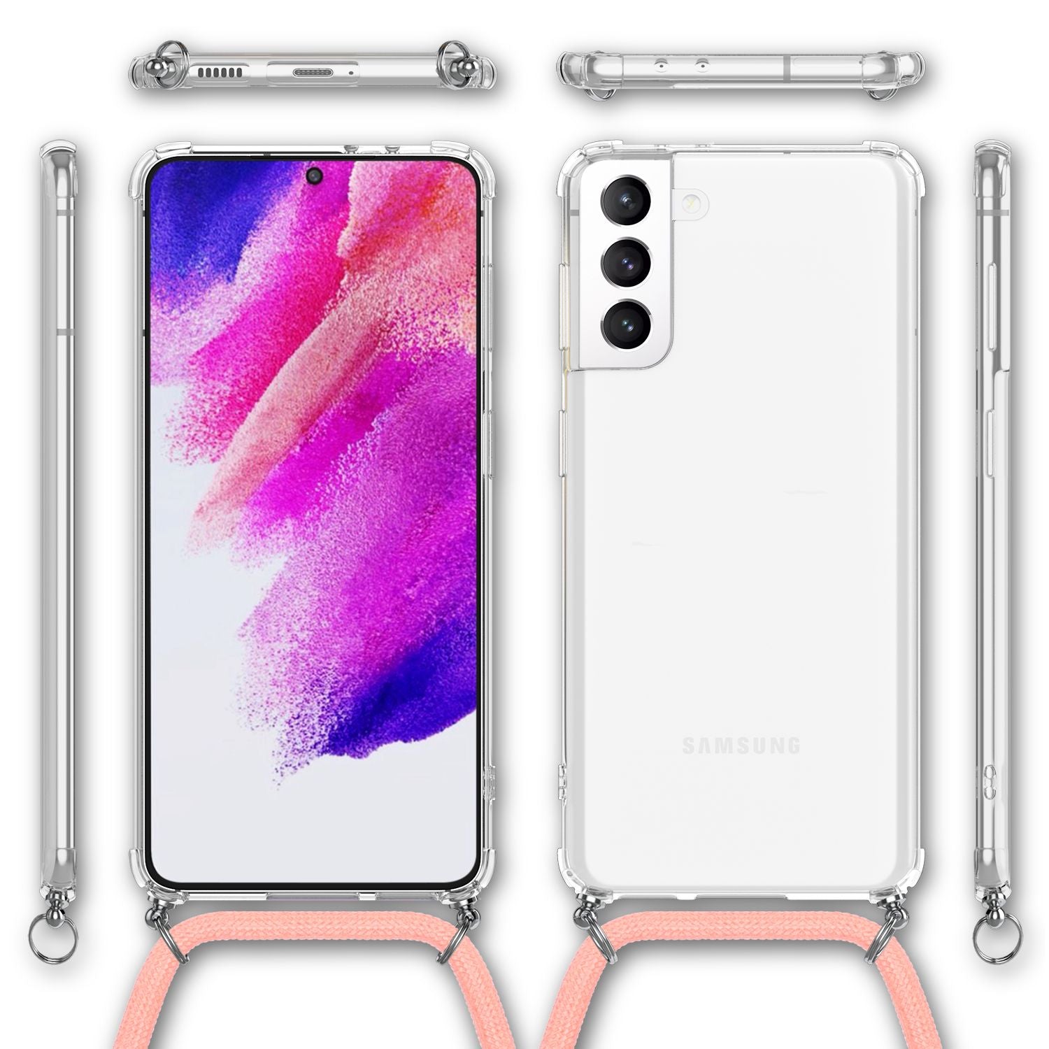 NALIA Handyhülle mit Kette für Samsung Galaxy S21 FE, Transparente Schutzhülle & Handy-Schnur zum Umhängen, Robust Vergilbungsfrei Klar Pink NALIA Transparente Hülle