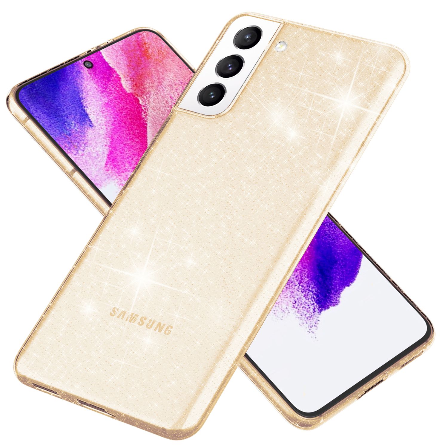 NALIA Klare Glitzerhülle für Samsung Galaxy S21 FE, Durchsichtig Vergilbungsfrei Gold NALIA Transparente Hülle