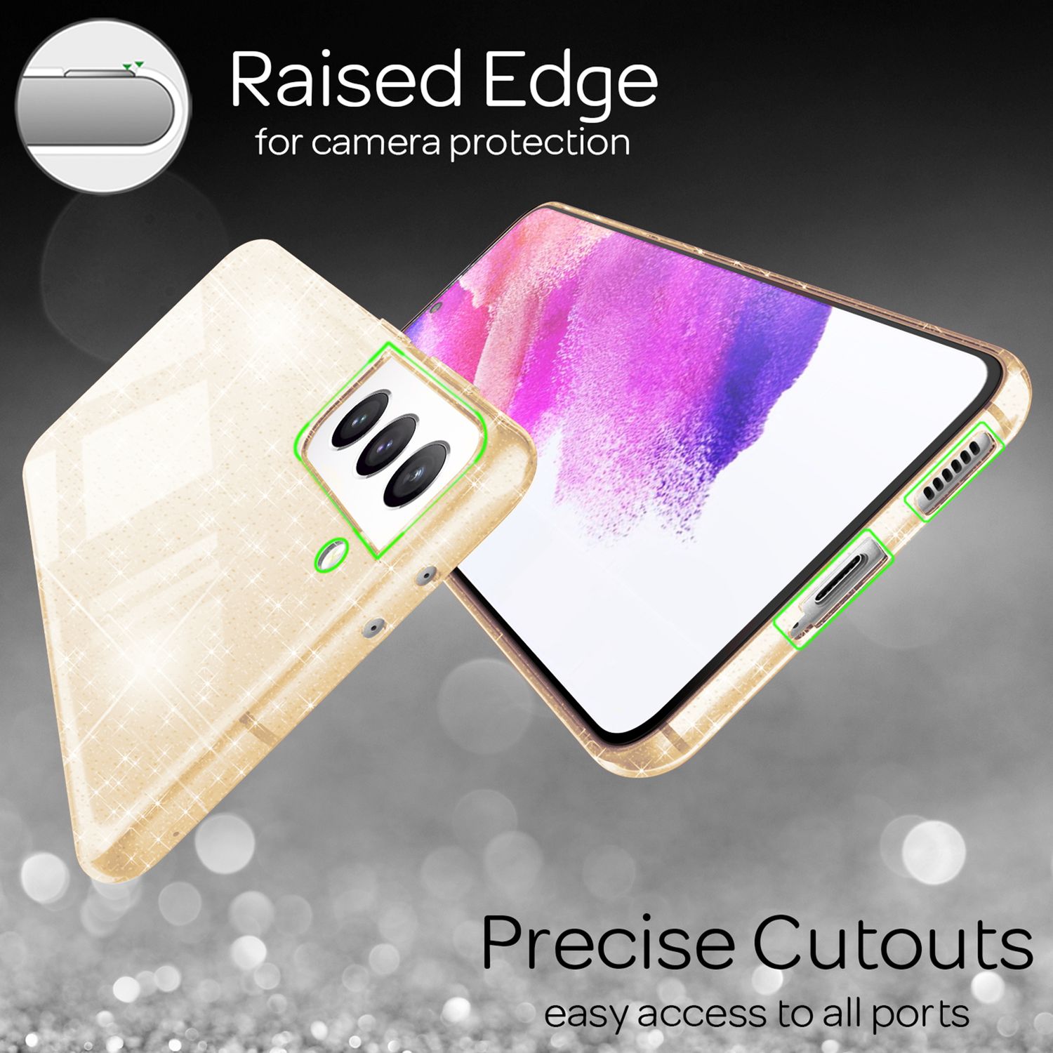 NALIA Klare Glitzerhülle für Samsung Galaxy S21 FE, Durchsichtig Vergilbungsfrei Gold NALIA Transparente Hülle