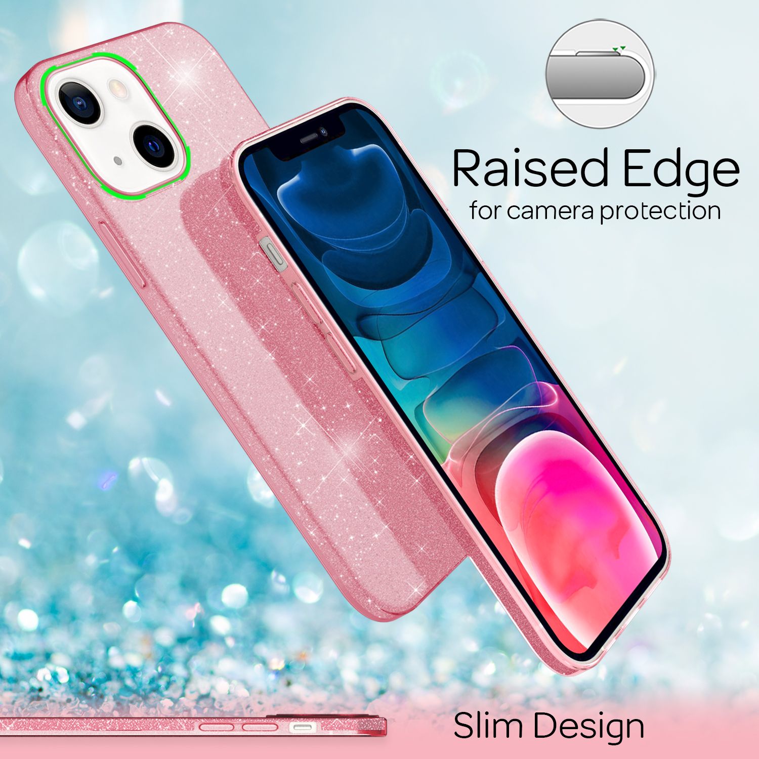 NALIA Robuste Glitzerhülle für iPhone 13 Mini, Glänzende Glitzer Hybrid Schutzhülle Verstärkte Silikonhülle Pink NALIA Protective Hülle