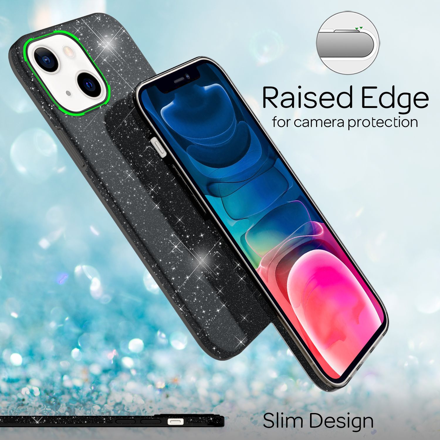 NALIA Robuste Glitzerhülle für iPhone 13 Mini, Glänzende Glitzer Hybrid Schutzhülle Verstärkte Silikonhülle Schwarz NALIA Protective Hülle