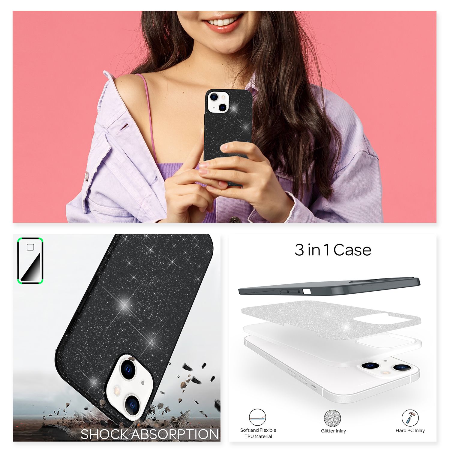 NALIA Robuste Glitzerhülle für iPhone 13 Mini, Glänzende Glitzer Hybrid Schutzhülle Verstärkte Silikonhülle Schwarz NALIA Protective Hülle