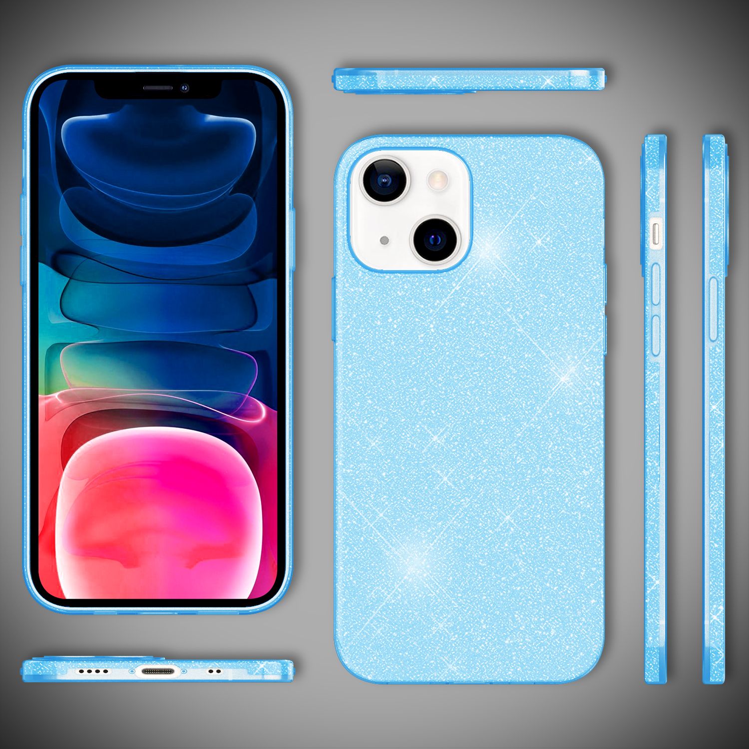 NALIA Robuste Glitzerhülle für iPhone 13 Mini, Glänzende Glitzer Hybrid Schutzhülle Verstärkte Silikonhülle Blau NALIA Protective Hülle