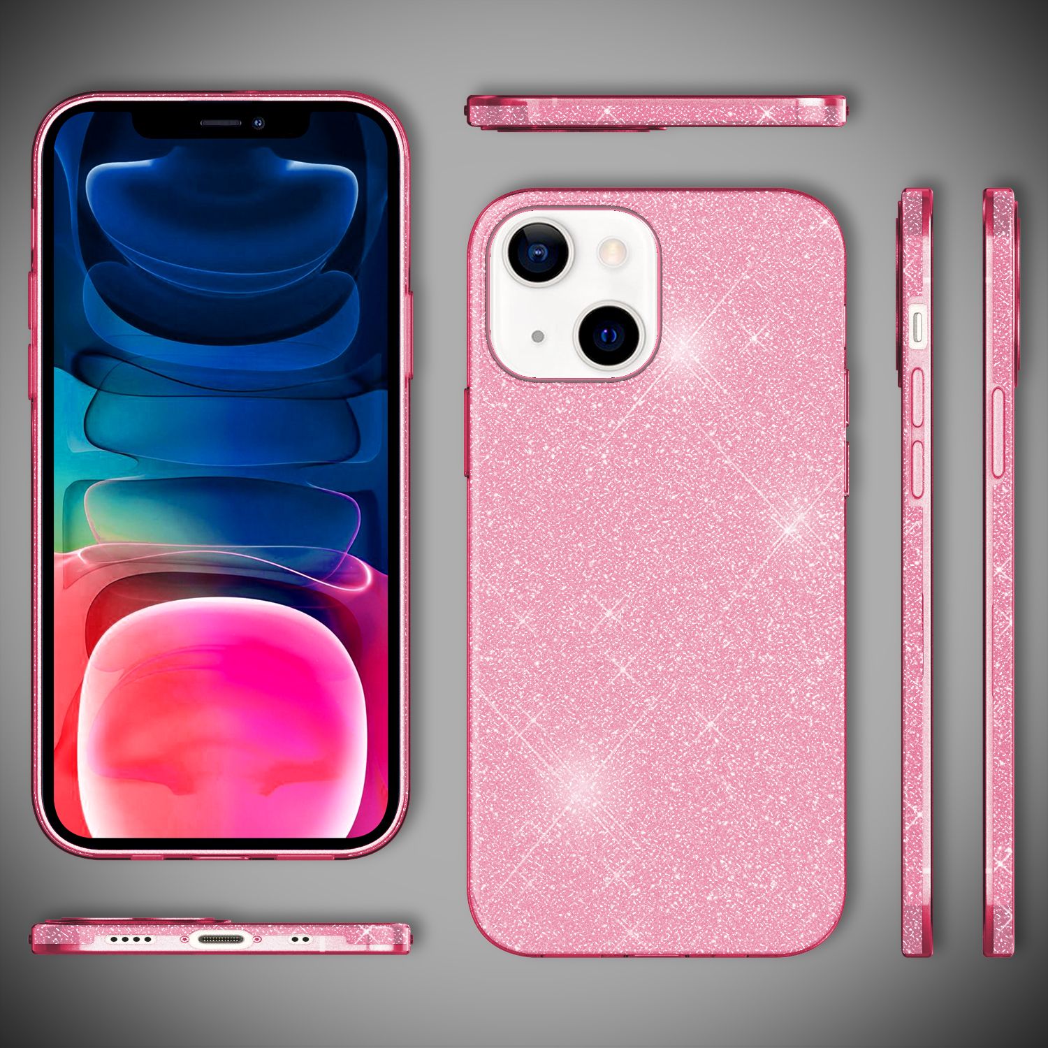 NALIA Robuste Glitzerhülle für iPhone 13 Mini, Glänzende Glitzer Hybrid Schutzhülle Verstärkte Silikonhülle Pink NALIA Protective Hülle
