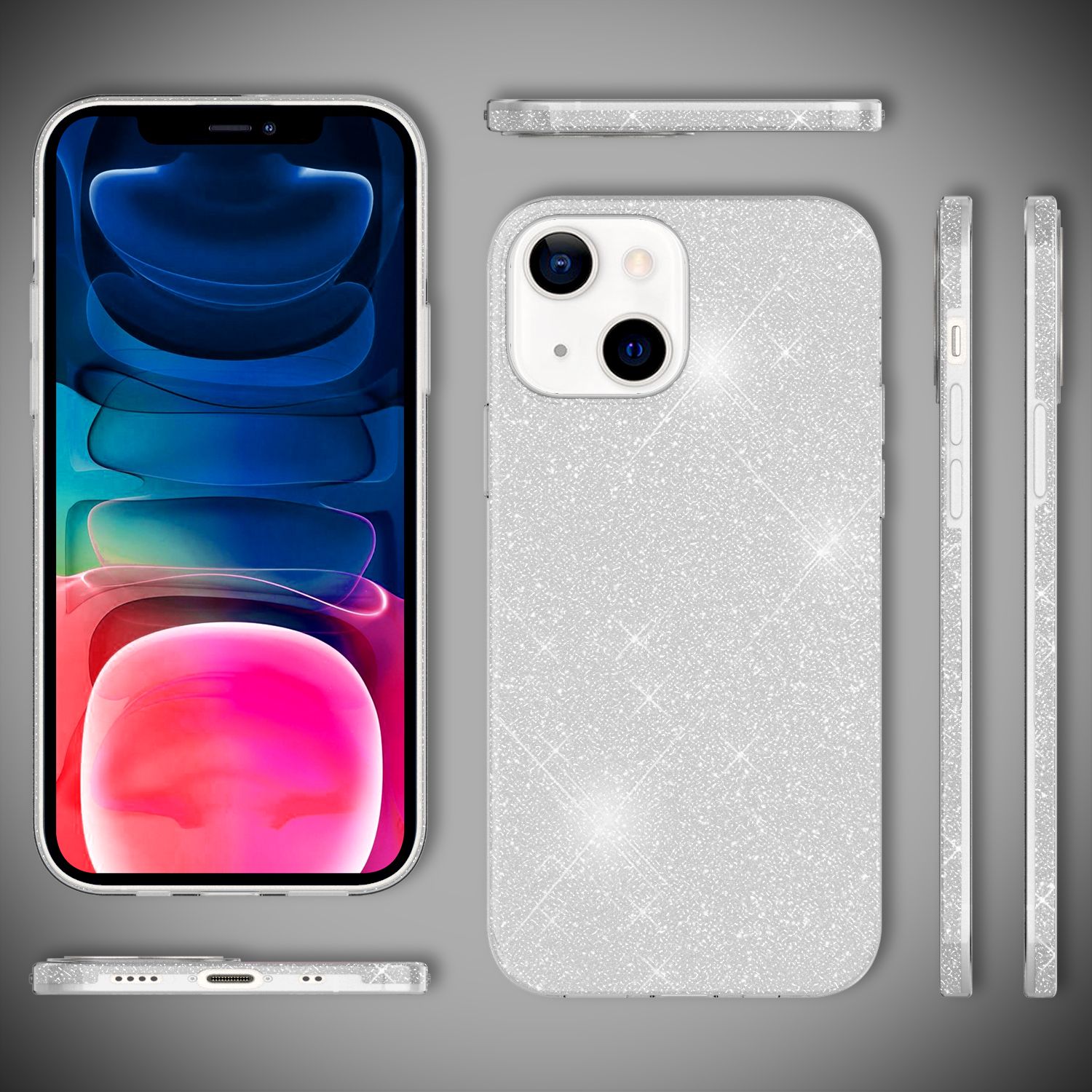 NALIA Robuste Glitzerhülle für iPhone 13 Mini, Glänzende Glitzer Hybrid Schutzhülle Verstärkte Silikonhülle Silber NALIA Protective Hülle