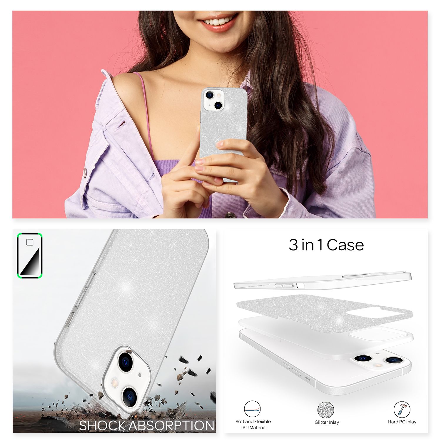 NALIA Robuste Glitzerhülle für iPhone 13, Stoßfeste Glänzende Glitzer Hybrid Schutzhülle Verstärkte Silikonhülle Silber NALIA Protective Hülle