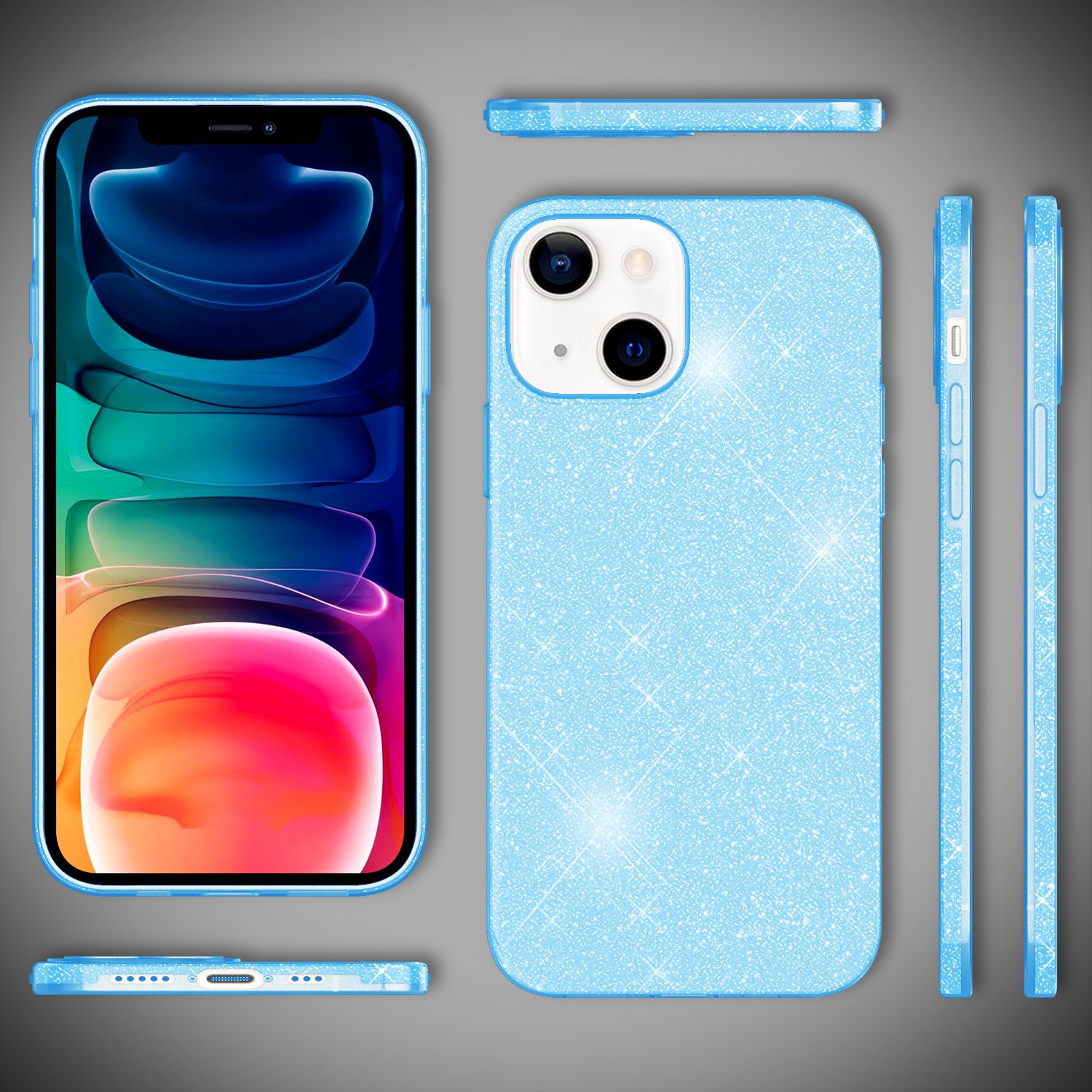 NALIA Robuste Glitzerhülle für iPhone 13, Stoßfeste Glänzende Glitzer Hybrid Schutzhülle Verstärkte Silikonhülle Blau NALIA Protective Hülle