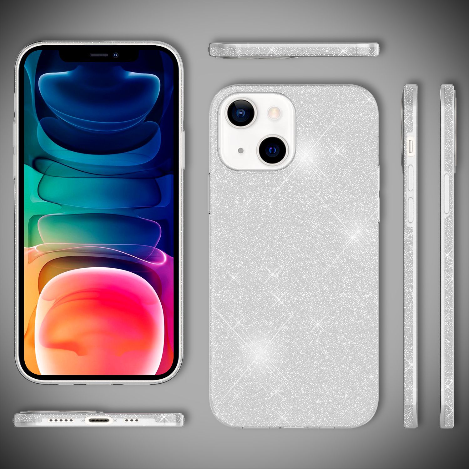NALIA Robuste Glitzerhülle für iPhone 13, Stoßfeste Glänzende Glitzer Hybrid Schutzhülle Verstärkte Silikonhülle Silber NALIA Protective Hülle