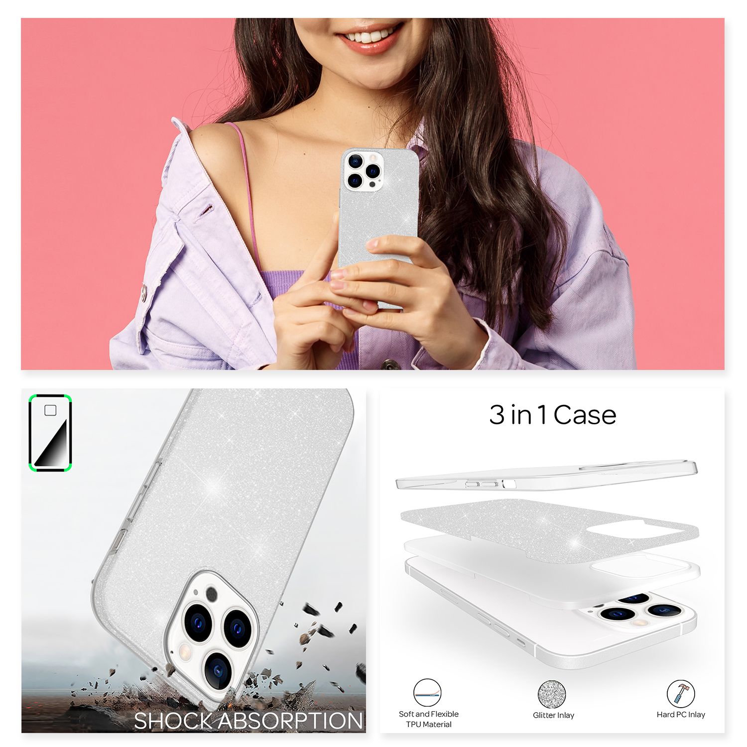 NALIA Robuste Glitzerhülle für iPhone 13 Pro, Stoßfeste Glänzende Glitzer Hybrid Schutzhülle Verstärkte Silikonhülle