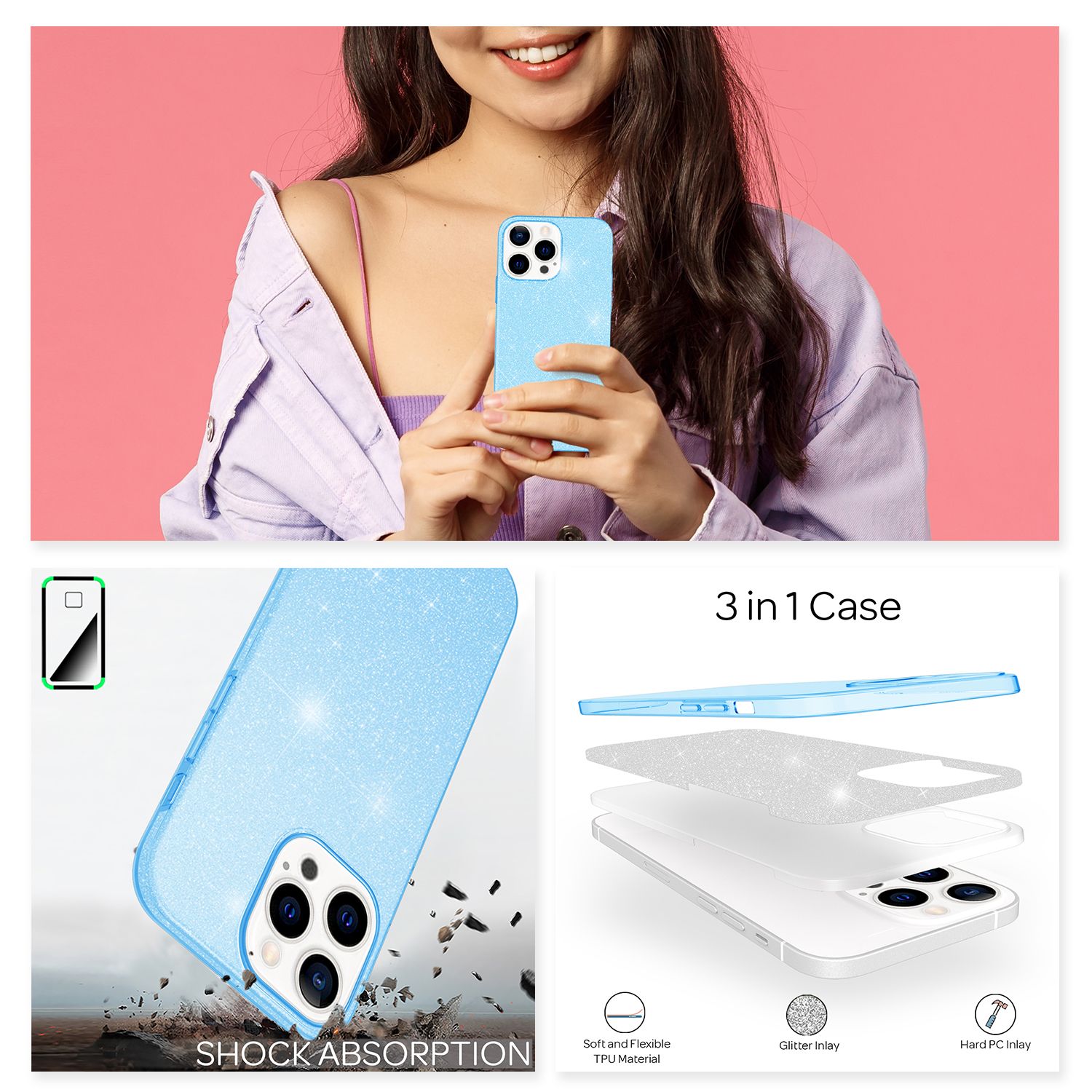 NALIA Robuste Glitzerhülle für iPhone 13 Pro Max, Stoßfeste Glänzende Glitzer Schutzhülle Verstärkte Silikonhülle Blau NALIA Protective Hülle