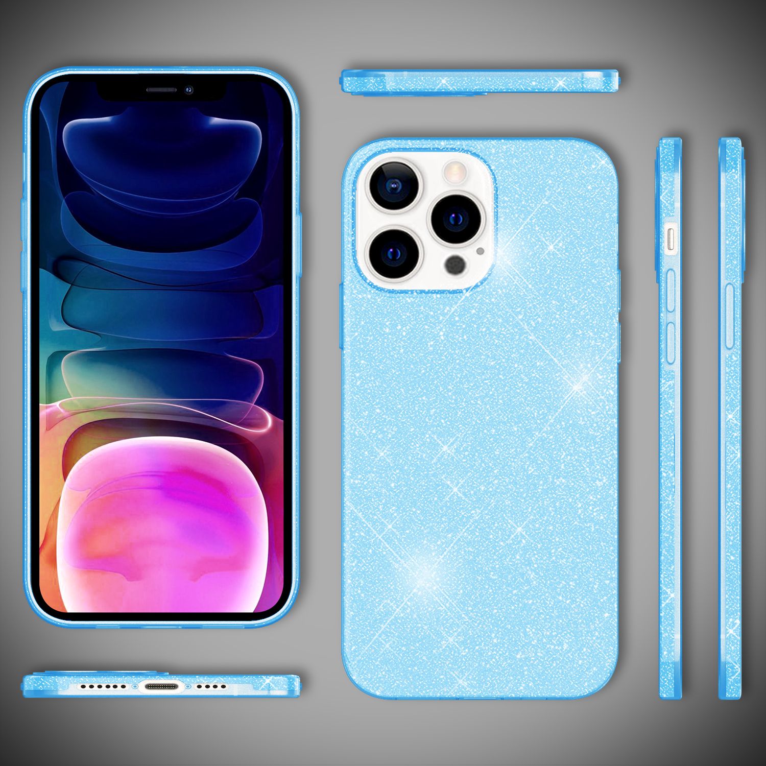 NALIA Robuste Glitzerhülle für iPhone 13 Pro Max, Stoßfeste Glänzende Glitzer Schutzhülle Verstärkte Silikonhülle Blau NALIA Protective Hülle