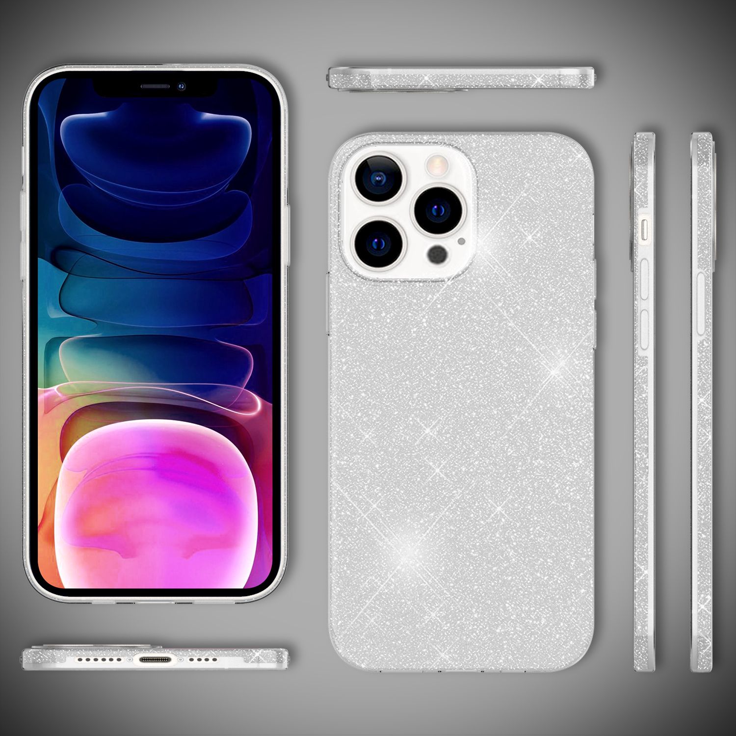 NALIA Robuste Glitzerhülle für iPhone 13 Pro Max, Stoßfeste Glänzende Glitzer Schutzhülle Verstärkte Silikonhülle Silber NALIA Protective Hülle