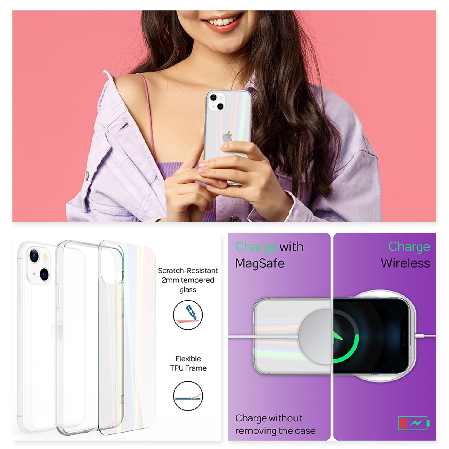 NALIA Klares Hartglas Case für iPhone 13, Transparent Regenbogen Effekt Anti-Gelb Kratzfest Tempered Glass & Silikon Bumper Default Title NALIA Protective Hülle