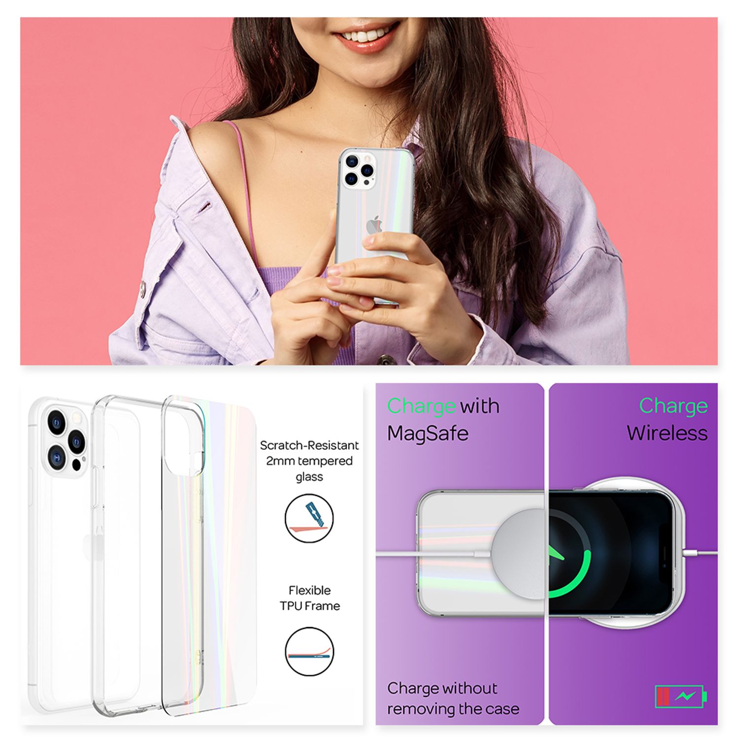 NALIA Klares Hartglas Case für iPhone 13 Pro Max, Transparent Regenbogen Effekt Anti-Gelb Kratzfest Tempered Glass & Silikon Bumper Default Title NALIA Protective Hülle