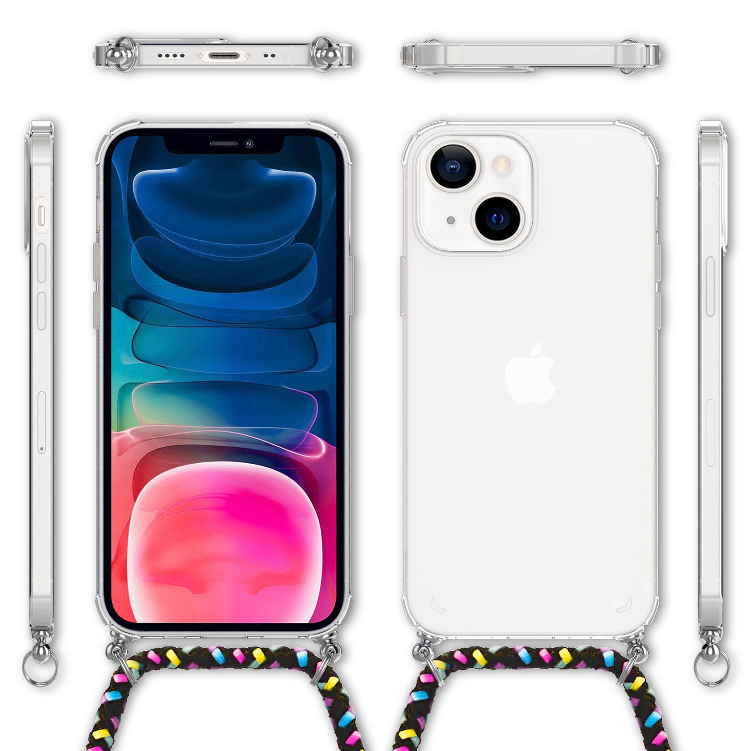 NALIA Handyhülle mit Kette für iPhone 13 Mini, Transparentes Hardcase & Handy-Schnur