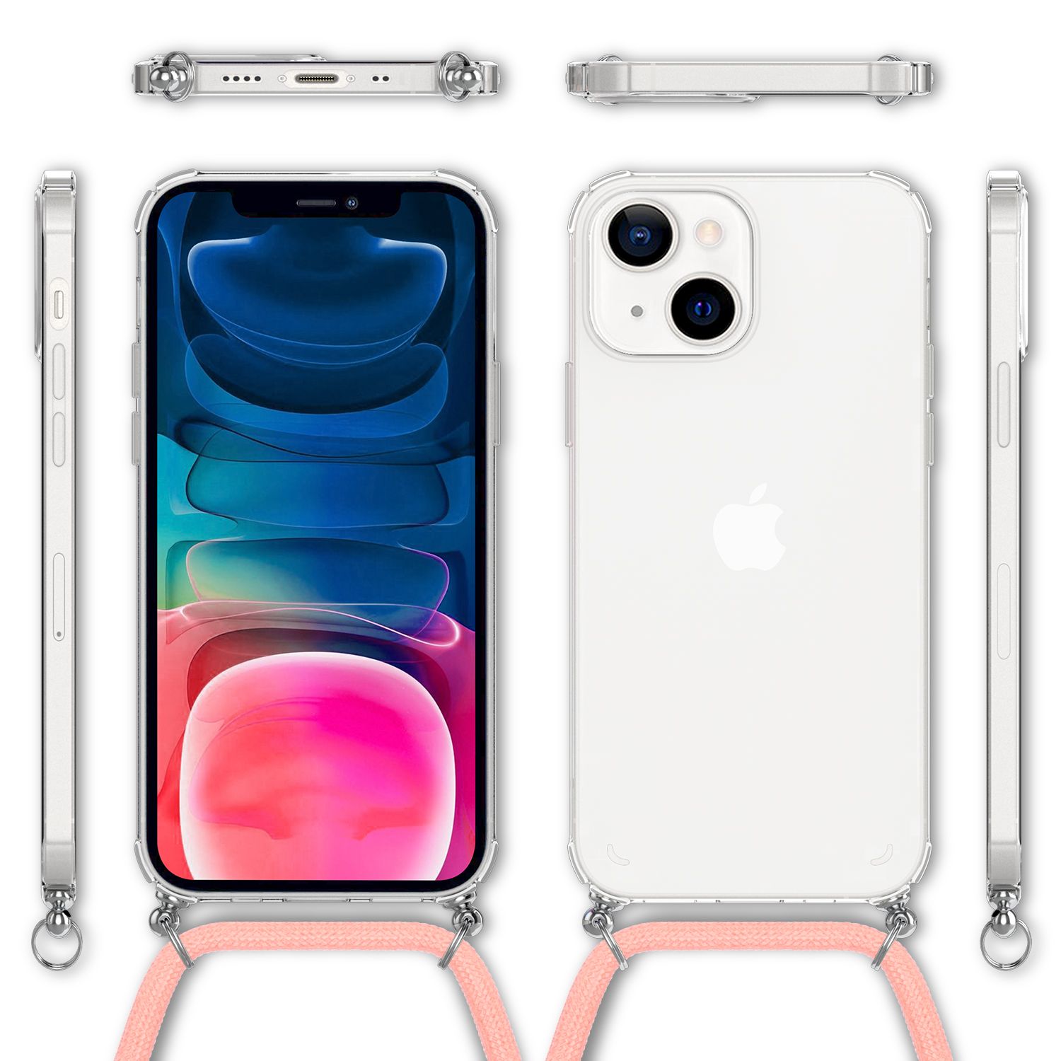 NALIA Handyhülle mit Kette für iPhone 13 Mini, Transparentes Hardcase & Handy-Schnur