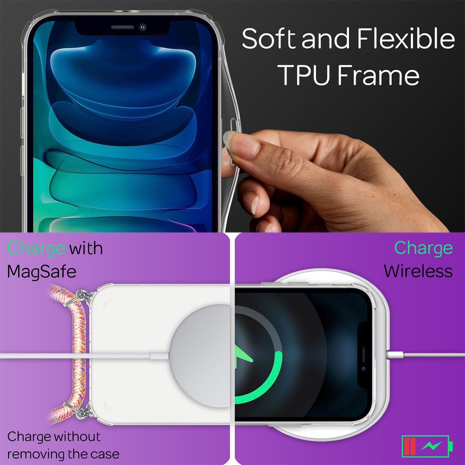 NALIA Handyhülle mit Kette für iPhone 13, Transparentes Hardcase & Handy-Schnur, Robust Vergilbungsfrei Klar Regenbogen NALIA Transparente Hülle