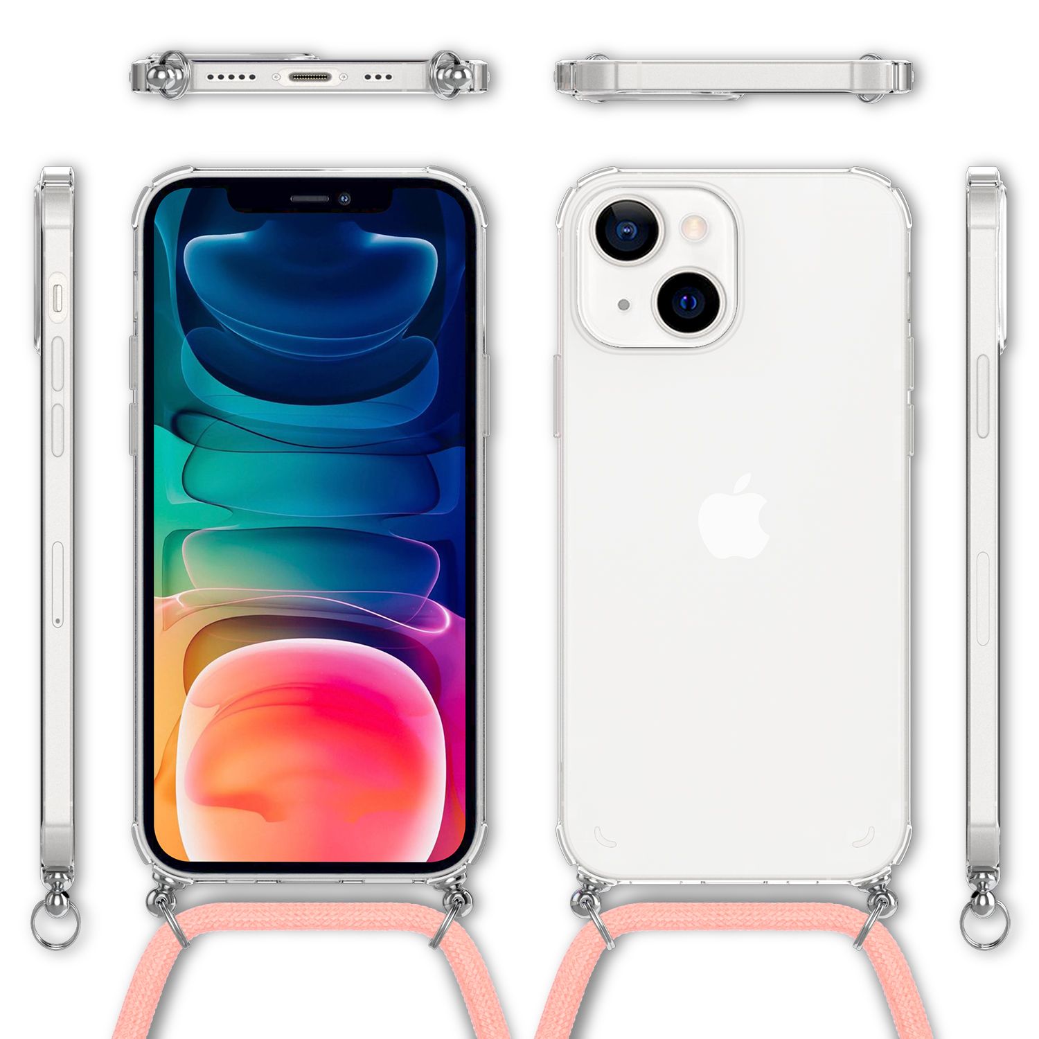 NALIA Handyhülle mit Kette für iPhone 13, Transparentes Hardcase & Handy-Schnur, Robust Vergilbungsfrei Klar Pink NALIA Transparente Hülle